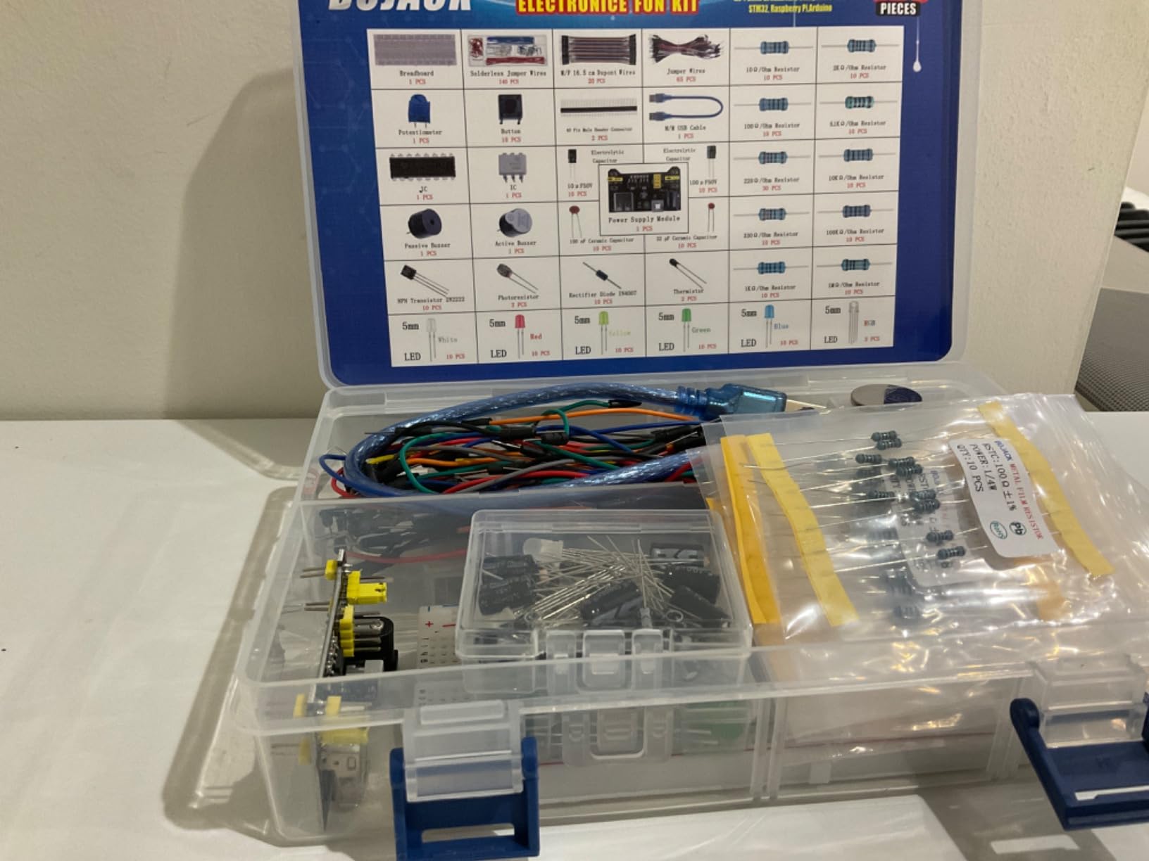 BOJACK 37 Values 480 Pcs Electronics Component Fun Kit with Power Supply Module, Jumper Wire, Precision Potentiometer, 830 tie-Points Breadboard Compatible with STM32, Raspberry Pi, Arduino customer photo 1