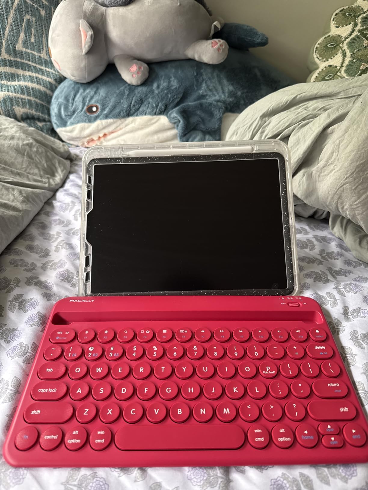 Macally Small Wireless Bluetooth Keyboard for iPad mini/Air/Pro, iPhone, Tablet, and Phone - 78 Key iPad Keyboard with Built-in Stand - Universal Compatible Multi Device - Purple customer photo 1