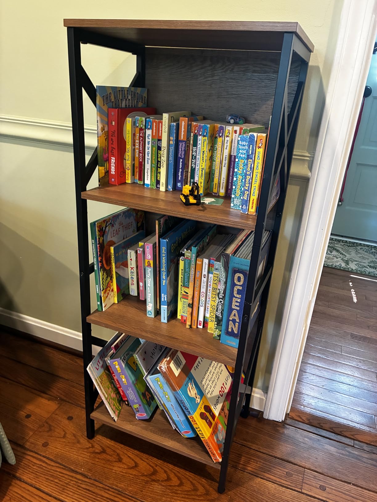 MNEETRUNG Small Bookshelf, 3 Tier Industrial Shelf with Metal Frame and Backboard, Low Rustic Brown Book Shelf, Small Bookcase for Small Spaces, Bookshelf for Living Room, Bedroom & Home Office customer photo 1
