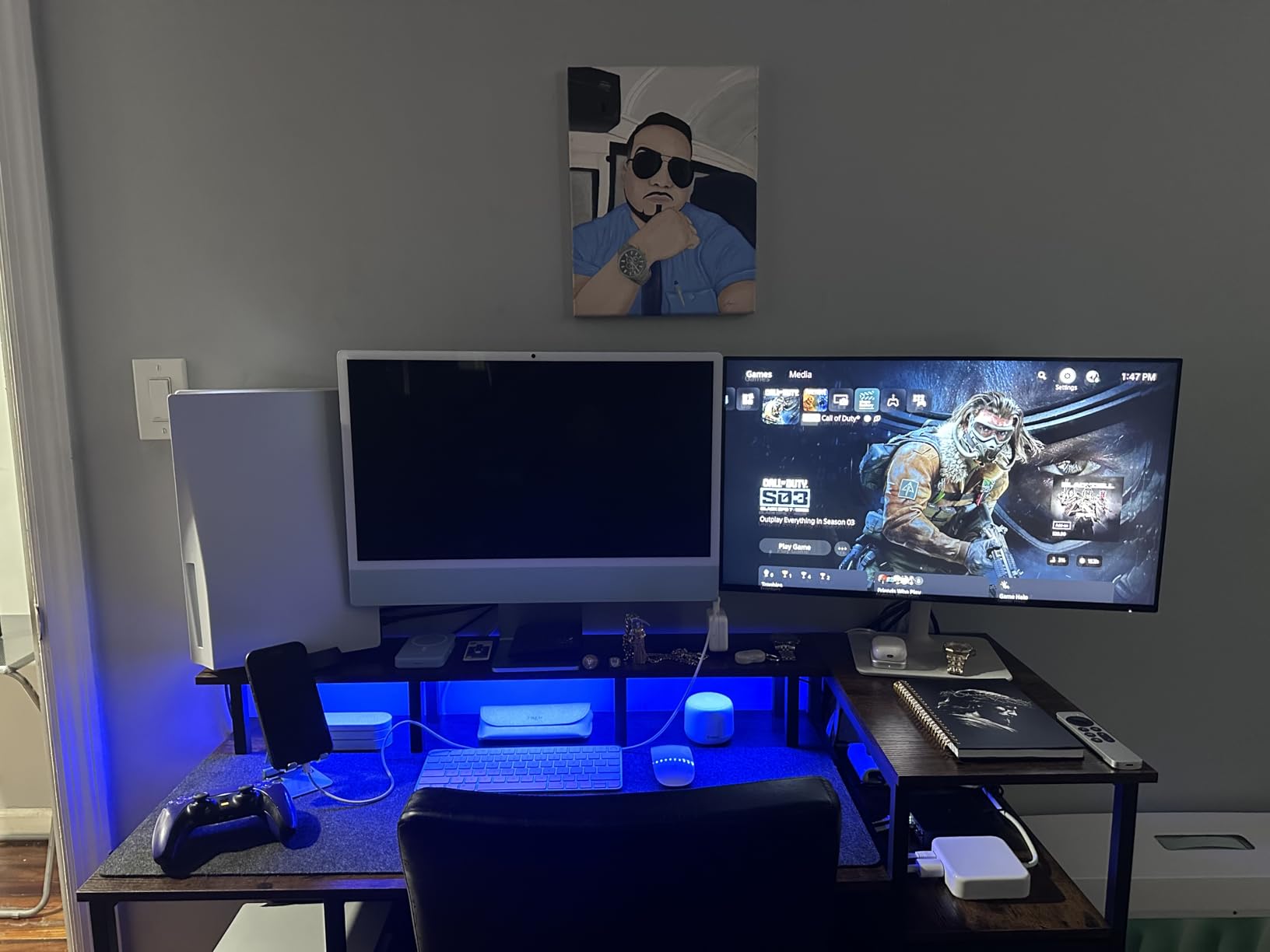 Korfile 47 Inch Gaming Desk with Power Outlets and LED Lights, Reversible Computer Desk with 5 Fabric Storage Drawers, Home Office Desk with Monitor Stand for Working Writing Study, Black customer photo 1