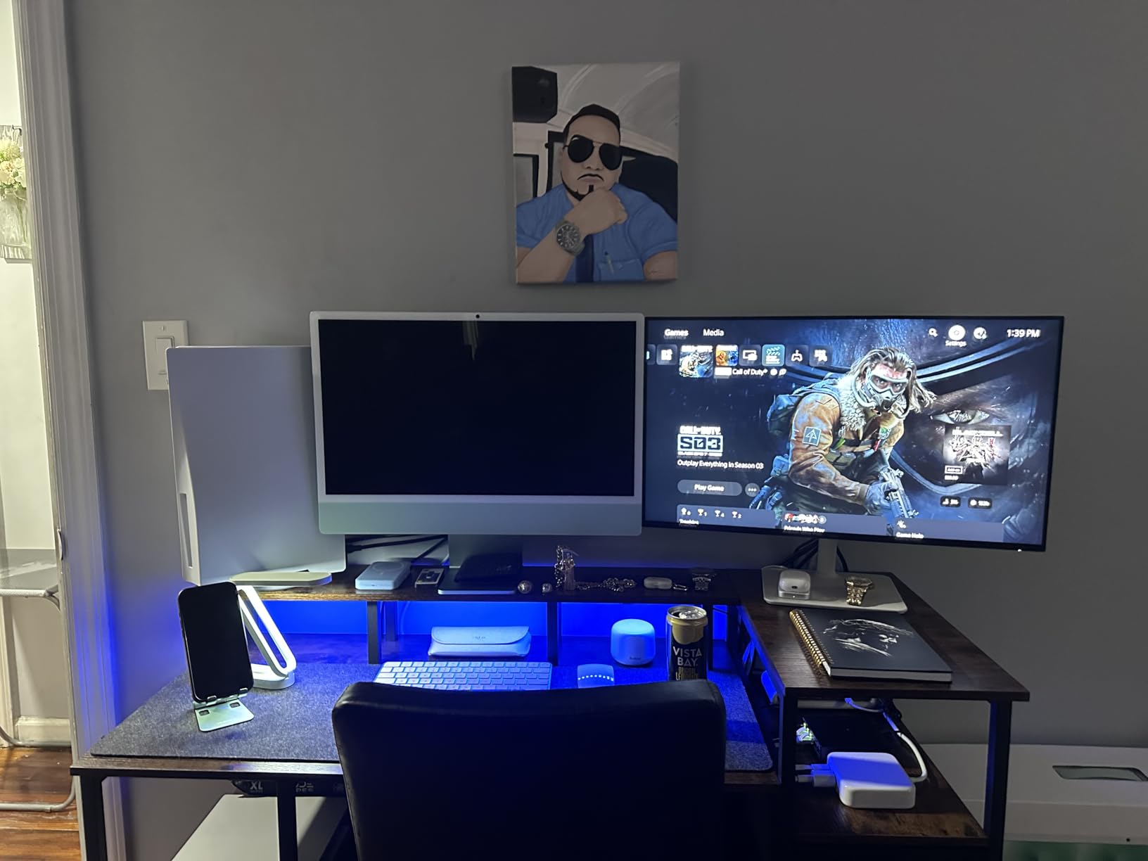 Korfile 47 Inch Gaming Desk with Power Outlets and LED Lights, Reversible Computer Desk with 5 Fabric Storage Drawers, Home Office Desk with Monitor Stand for Working Writing Study, Black customer photo 2