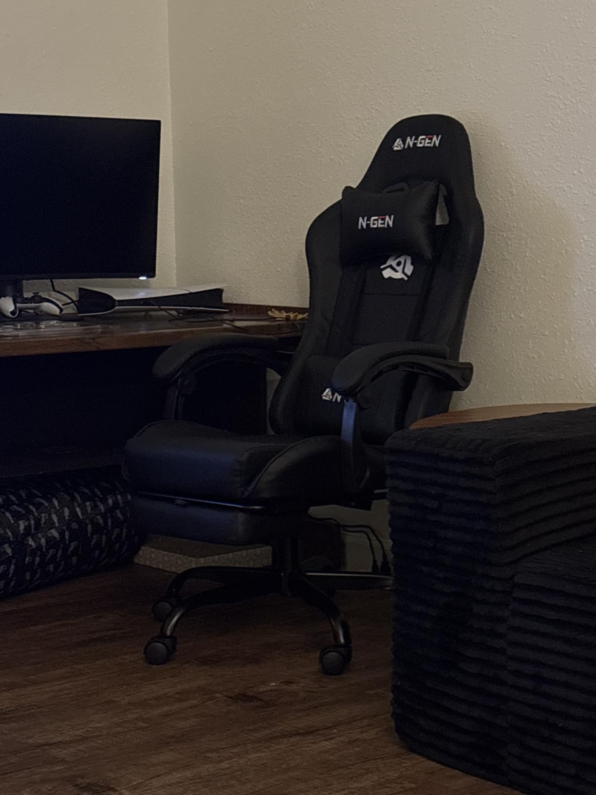 N-GEN GAMING Video Gaming Chair with Footrest Lumbar Support for Home Office High Back Recliner Height Adjustable Ergonomic Comfy Leather Computer Desk Chair (Black) customer photo 1