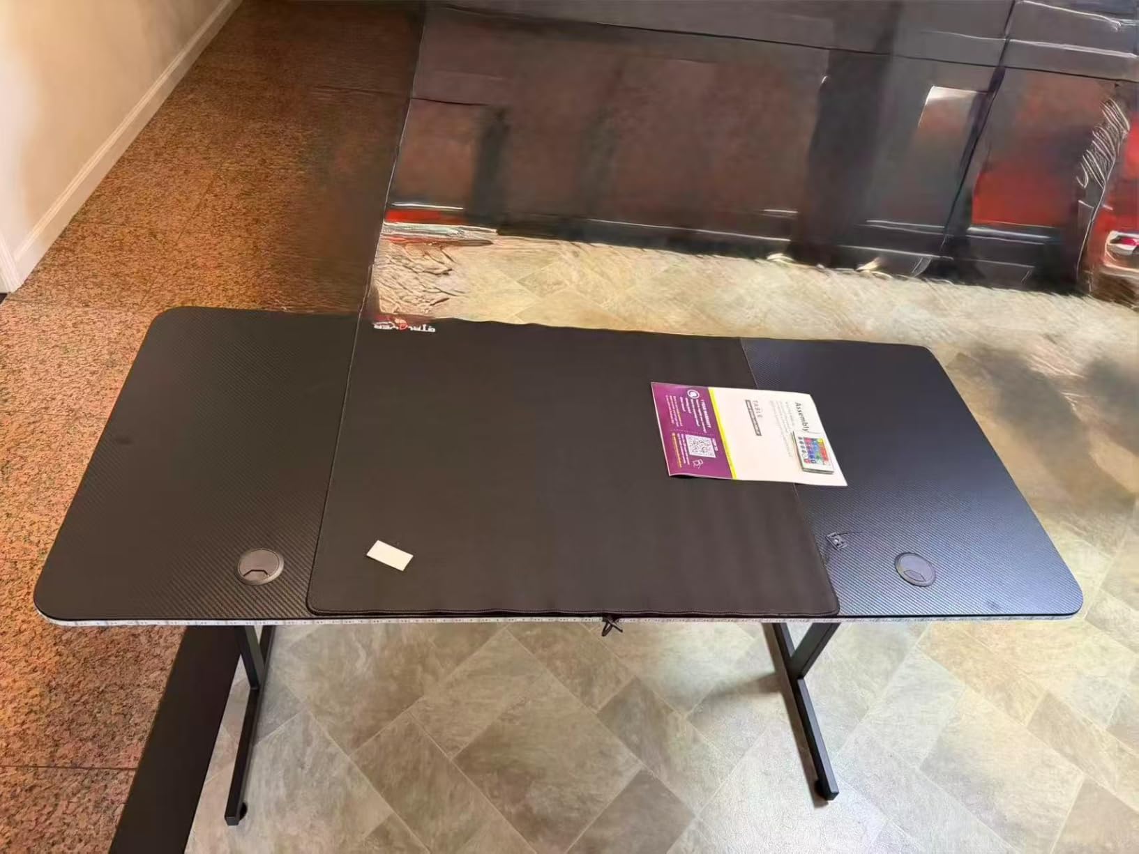 GTPLAYER 55 Inch Gaming Desk with LED Lights, Large Computer Desk with Mouse Pad for Home Office, T-Shaped Carbon Fibre Surface PC Game Workstations with Headphone Hook customer photo 2
