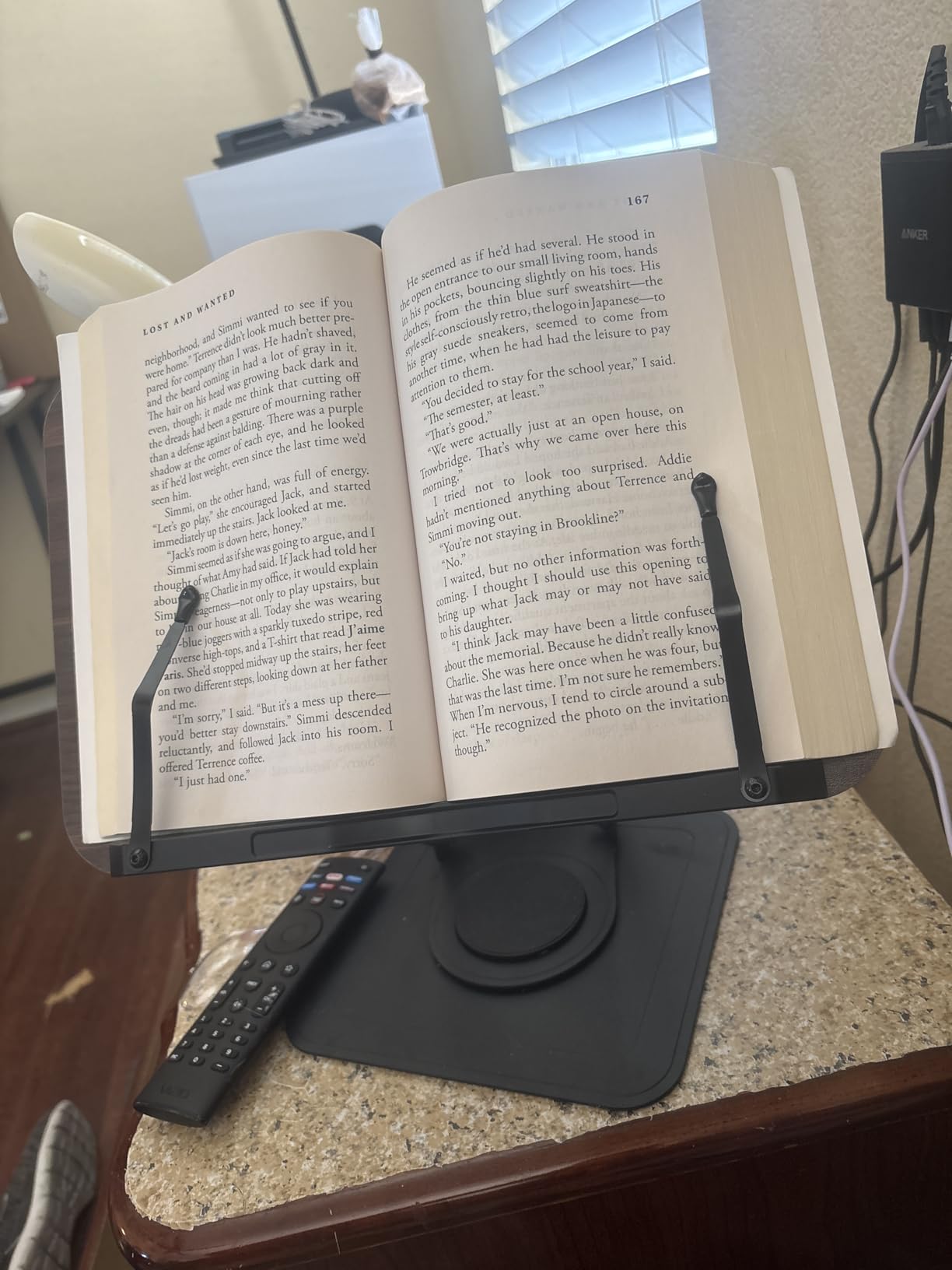 Book Stand for Reading, Adjustable Book Holder with 360°Rotating Bases, Ergonomic Cookbook Stand Recipe Book Holder with Elastic Page Clips for Magazines, Tablets, Laptops,Black customer photo 2