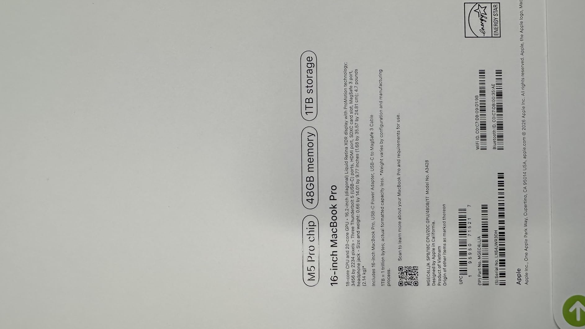 2026 MacBook Pro Laptop with Apple M5 Pro chip with 18-core CPU and 20-core GPU: Built for AI, 16.2-inch Liquid Retina XDR Display, 24GB Unified Memory, 1TB SSD, Wi-Fi 7; Space Black customer photo 2