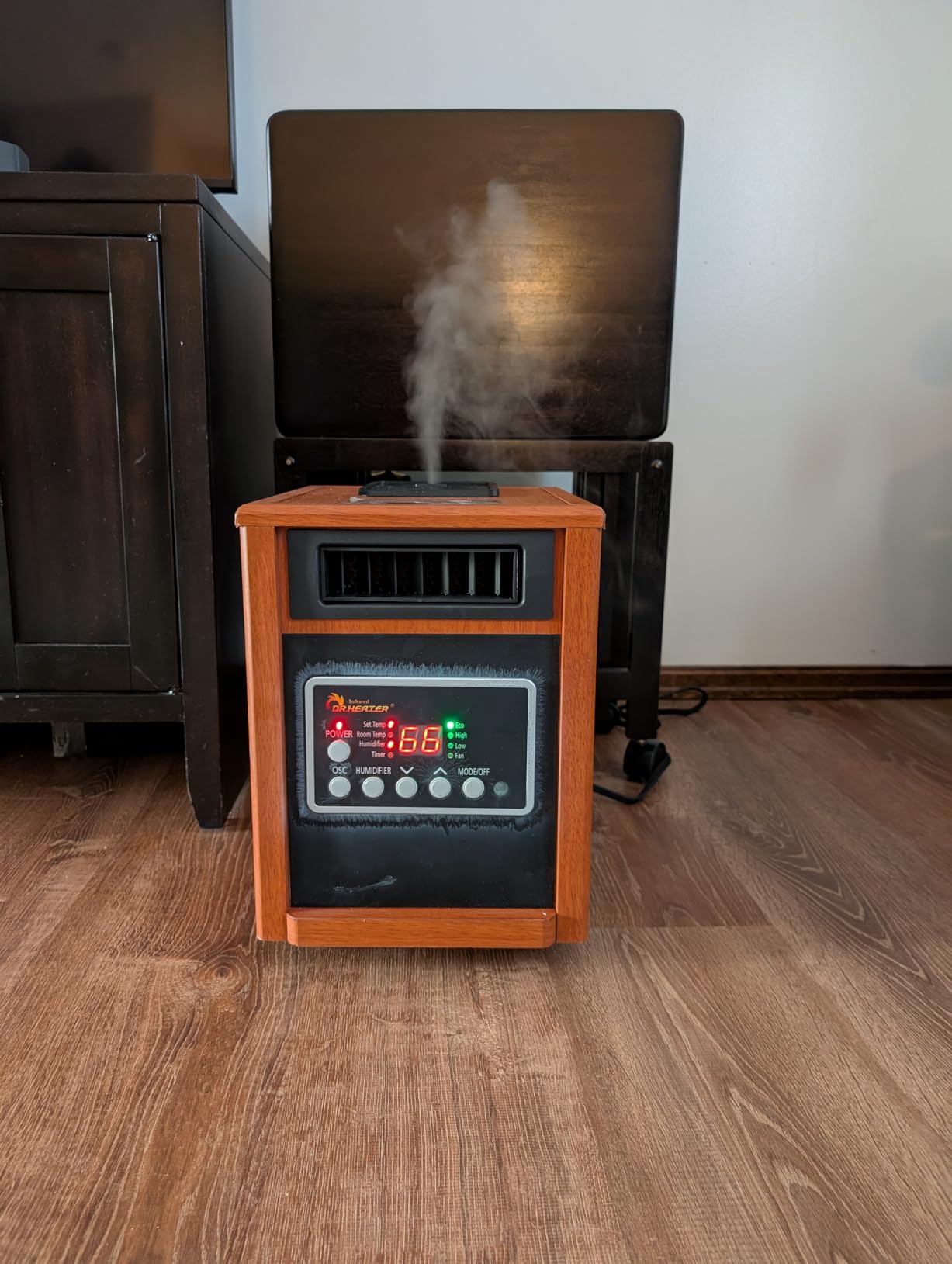 DR. INFRARED HEATER DR-998, 1500W Dual Heating Infrared Space Heater with Humidifier, Oscillation, Remote Control, Thermostat & Safety Protection, Portable with Wheels, Energy Efficient, Cherry customer photo 1