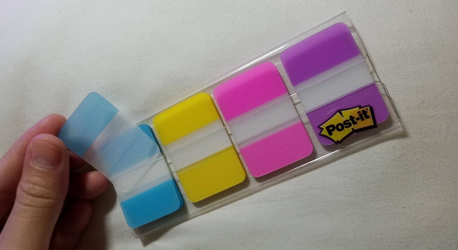 Post-it Sticky Tabs, 1 in. x 1.5 in., 4 Pads of Book Tabs in Assorted Bright Colors for Bookmarking, Annotating, Reading, and Reminders, Blue, Yellow, Pink, and Purple (88 Total Count) customer photo 1