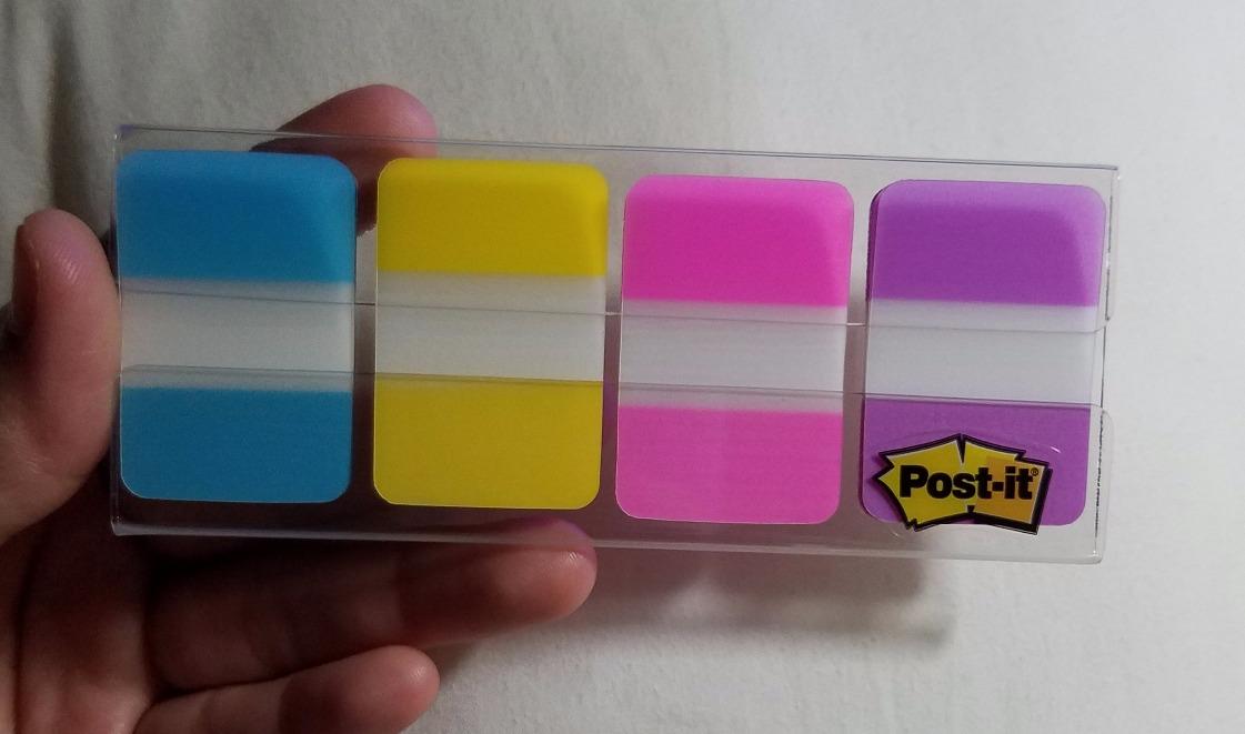 Post-it Sticky Tabs, 1 in. x 1.5 in., 4 Pads of Book Tabs in Assorted Bright Colors for Bookmarking, Annotating, Reading, and Reminders, Blue, Yellow, Pink, and Purple (88 Total Count) customer photo 2