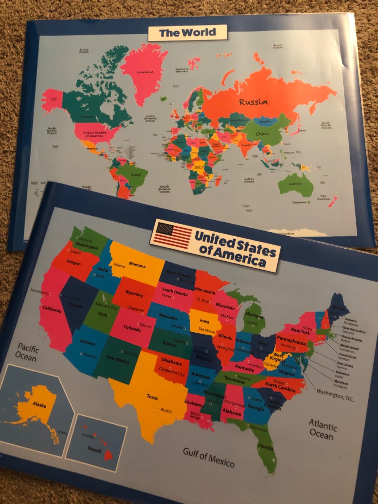 World Map and USA Map for Kids - 2 Poster Set - LAMINATED - Wall Chart Poster of the United States and the World (18 x 24) customer photo 1