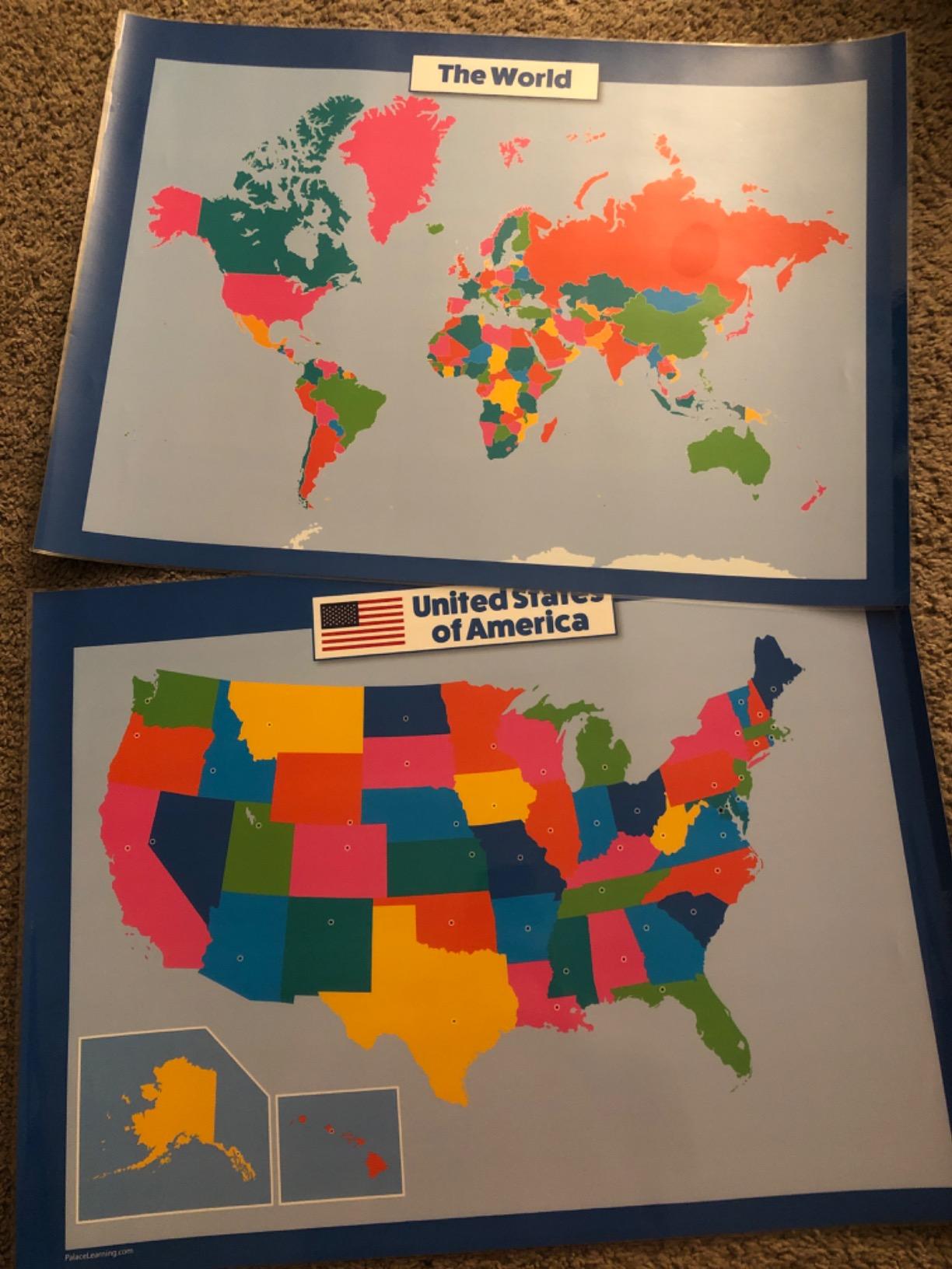 World Map and USA Map for Kids - 2 Poster Set - LAMINATED - Wall Chart Poster of the United States and the World (18 x 24) customer photo 2