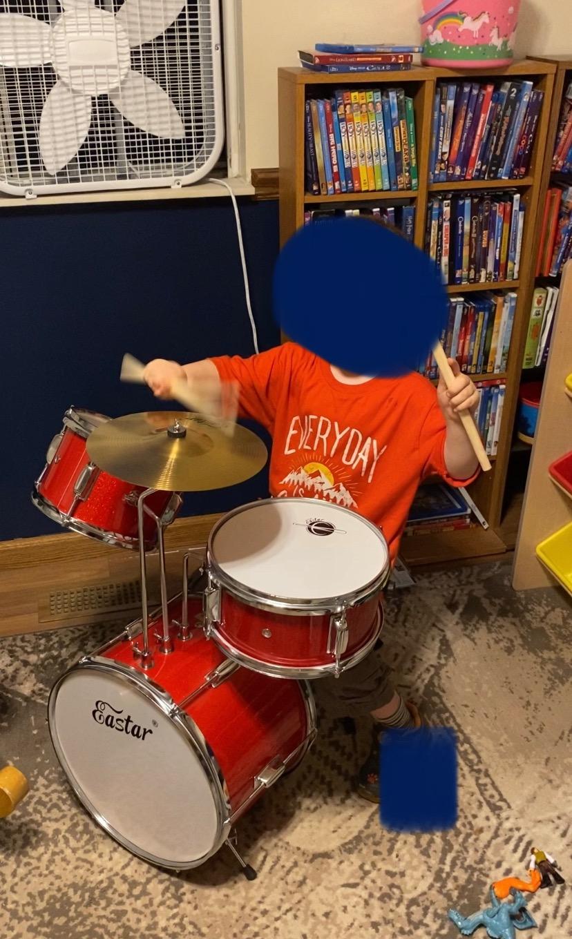 Eastar 3-Piece Beginner Drum Set for Kids, 14 inch Junior Drum Kit with Adjustable Throne, Cymbal, Pedal & Two Pairs of Drumsticks, Metallic Sky Blue customer photo 2