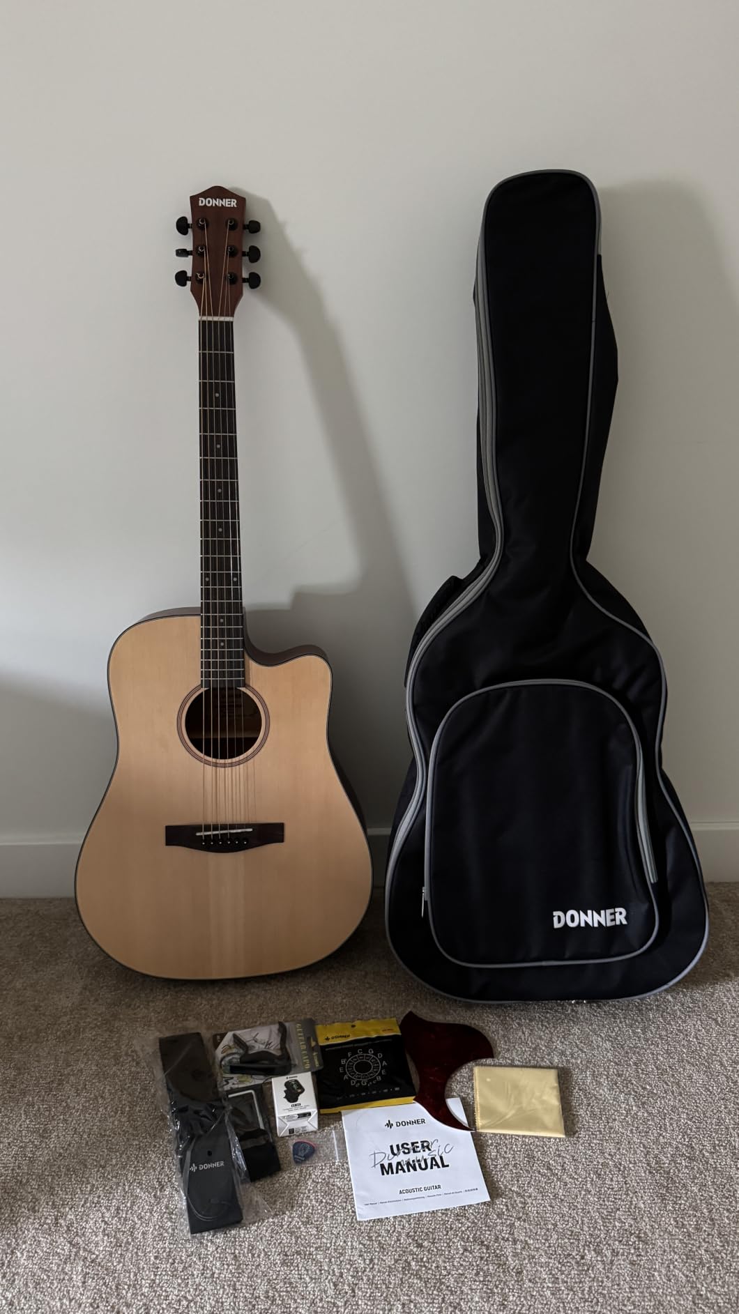 Donner Acoustic Guitar Kit for Beginners Adult Teen - Starter Kit, Full Size 41'' Cutaway Acustica Guitarra Bundle with Free Online Lesson, Gig Bag, Strap, Tuner, Capo, String, Natural, DAD-140C customer photo 1