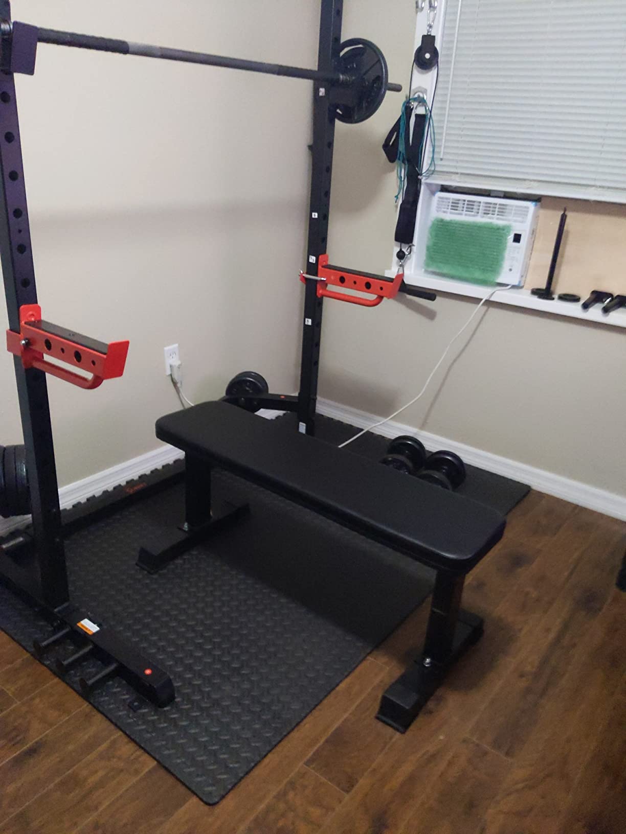 Sunny Health & Fitness Full Size Power Rack for Complete Strength Training | Angled Pull-Up Bar, Squat & Bench Ready, 2 J-Hooks & Spotter Arms, 2