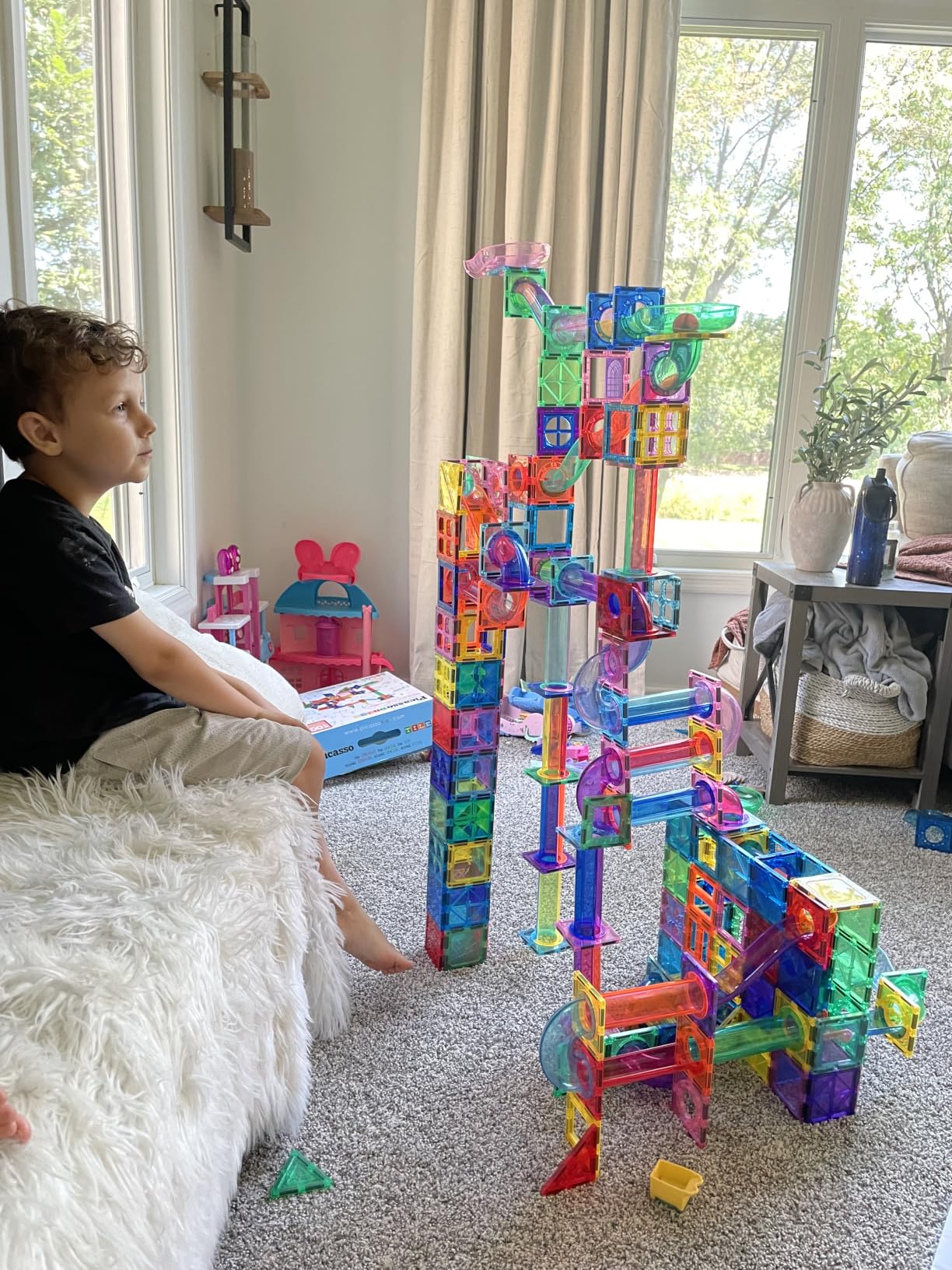 PicassoTiles 100 Piece Marble Run Magnetic Tiles Race Track STEM Ages 3+ | BPA-free ABS plastic, reinforced edges, curved slopes and U-turns, steel balls included, open-ended maze layouts, shared play customer photo 2