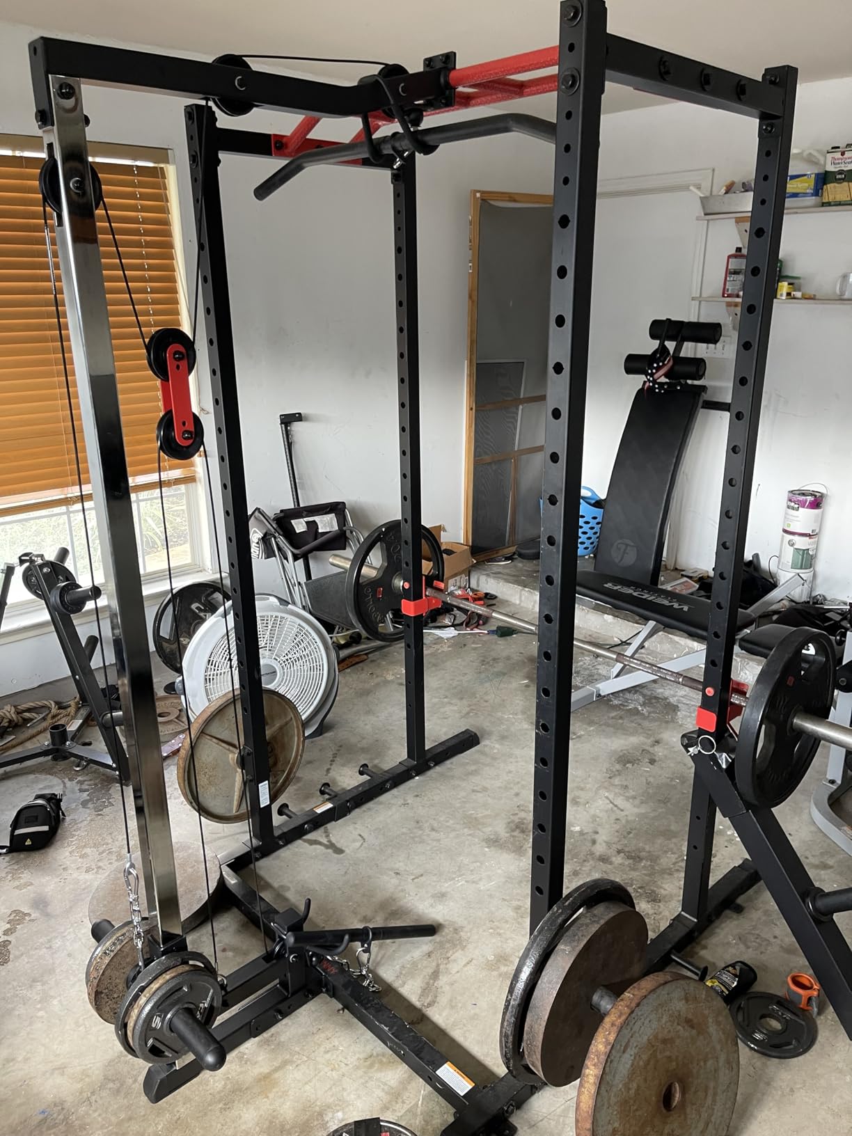 Sunny Health & Fitness Full Size Power Cage for Home Gym Training | Squats, Presses & Pull-Ups, Reversible Pull-Up Bar, Numbered Heights, 6 Band Pegs, Plate Storage, 2130 lb Rack customer photo 2