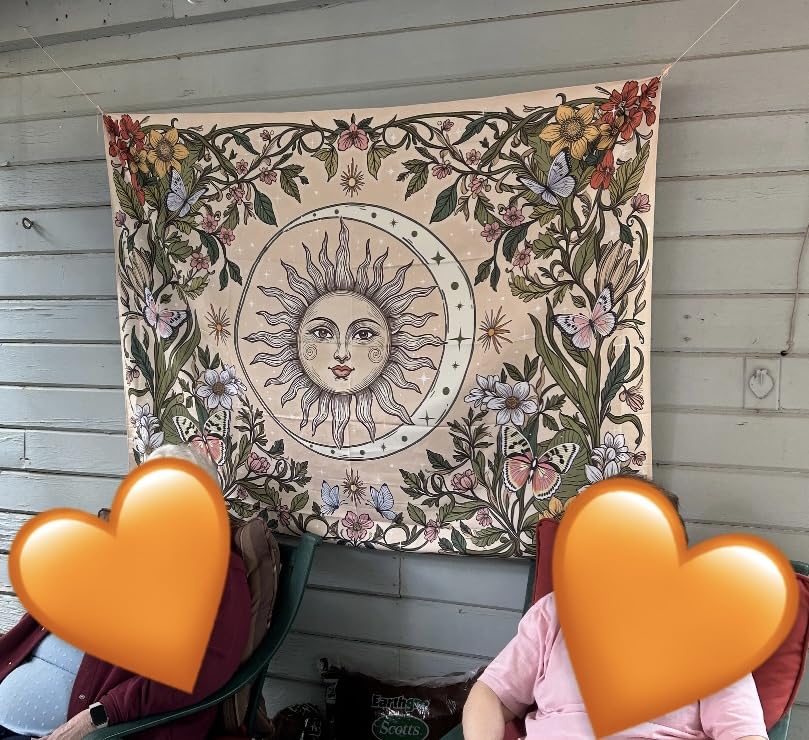 Accnicc Yellow Sun and Moon Tapestry Vintage Indie Boho Tapestry Wall Hanging with Sunflowers Butterfly Moth Constellation Aesthetic Wall Tapestries for Bedroom Dorm Living Room (Orange, 48'' x 36'') customer photo 1