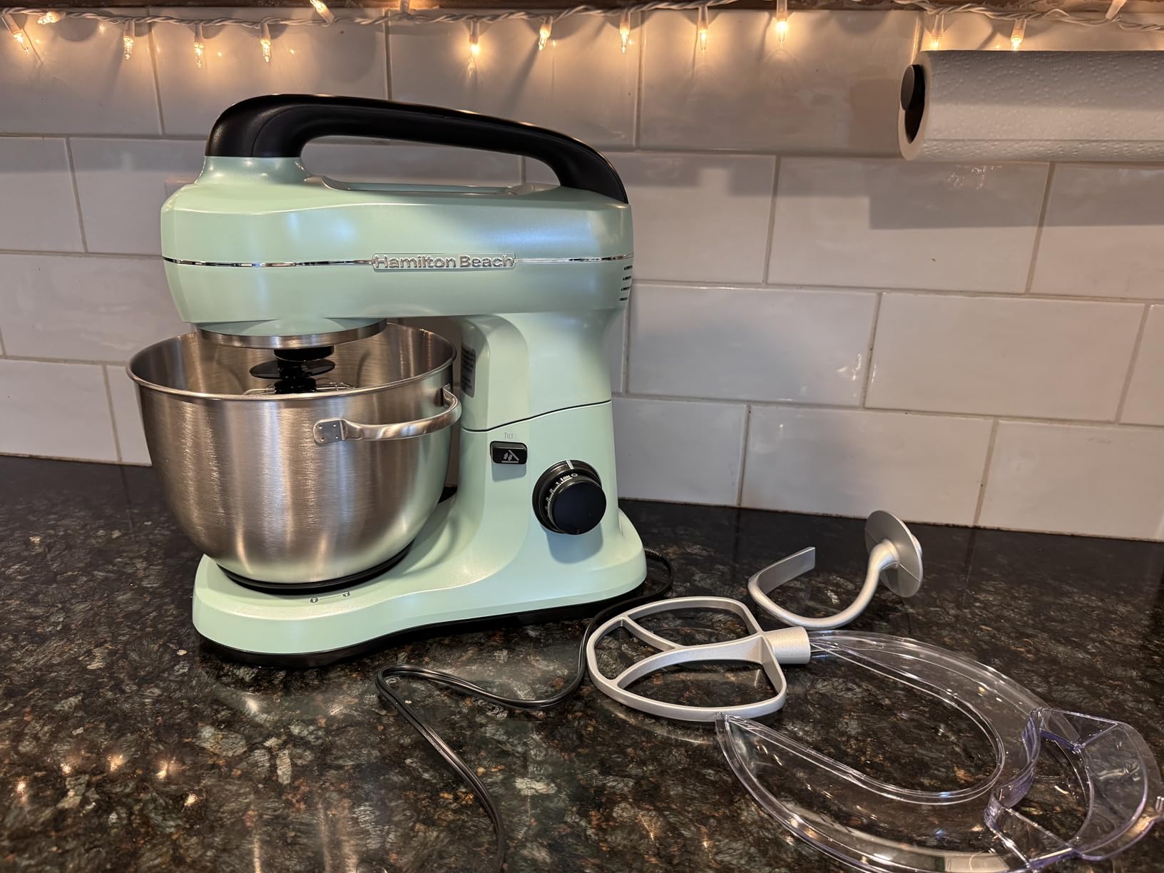 Hamilton Beach 4 Qt Electric Stand Mixer With 7 Speeds, Easy-Carry Handle | Planetary Mixing For Full Bowl Coverage | Splash Guard | 300 Watts | Whisk, Flat Beater, Dough Hook | Mixing Guide | Aqua customer photo 2