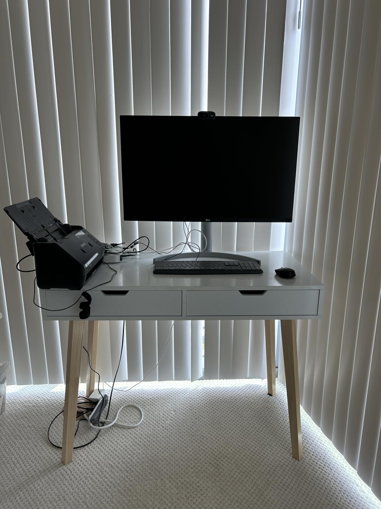 FOTOSOK White Writing Desk with 2 Drawers, Small Desk Makeup Vanity Table | Wood Computer Desk with 4 Solid Oak Legs, Home Office Desk & Study Table, Mid Century Desk for Bedroom Small Spaces, White customer photo 1