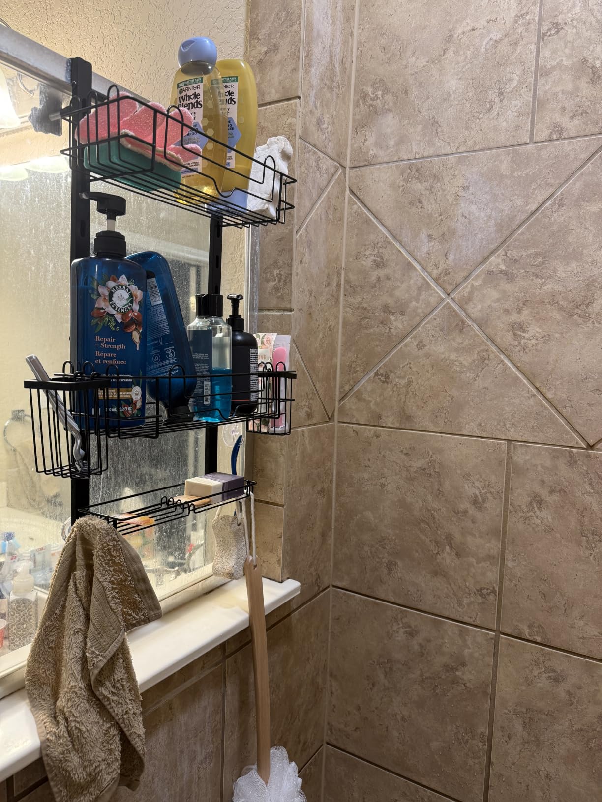 HapiRm Over the Door Shower Caddy - 4-Tier Hanging Shower Organizer with 22 Hooks and 2 Toothbrush Holders, No Drilling Adjustable Hanging Shelves for Bathroom - Black customer photo 1
