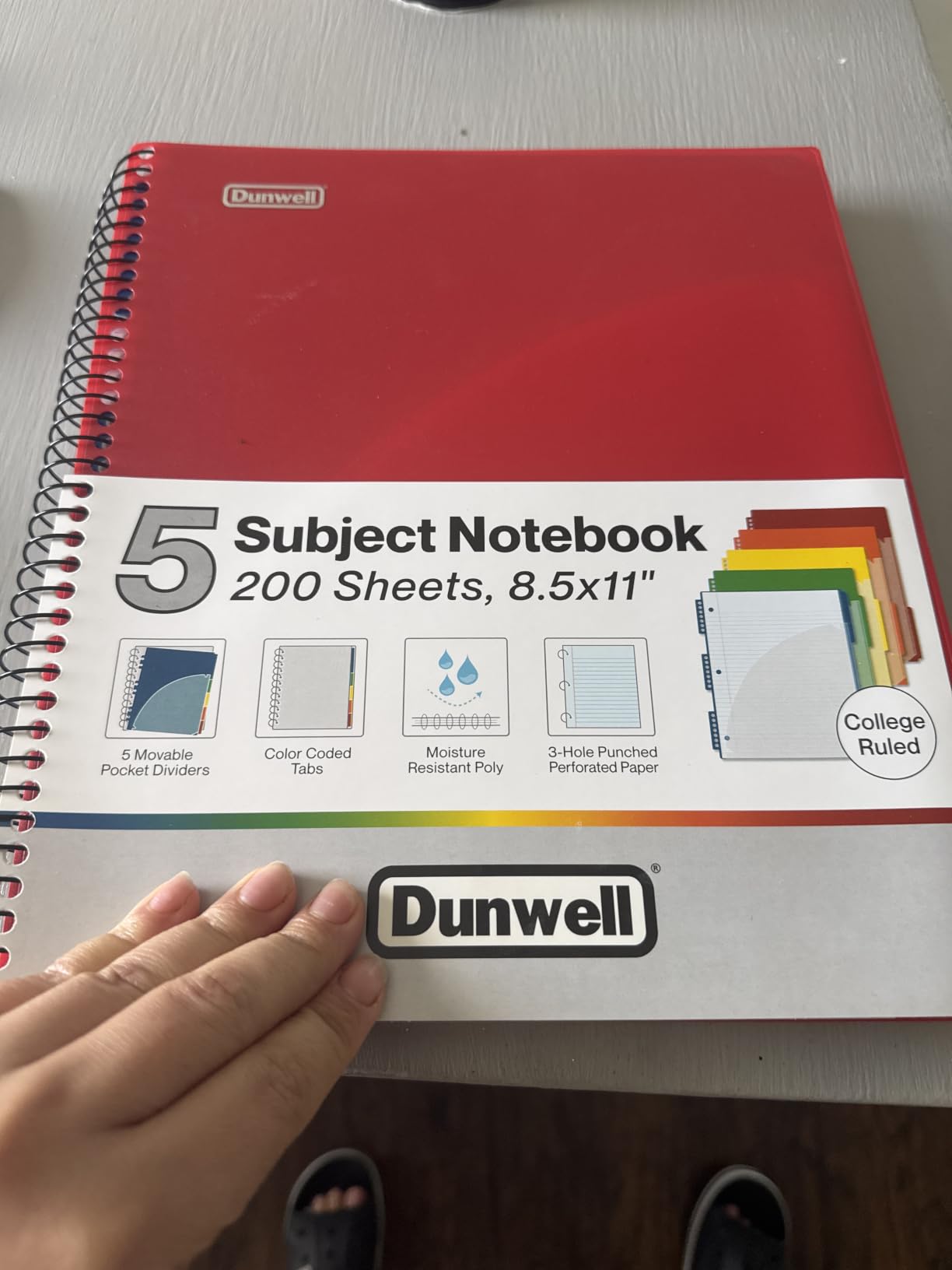 Dunwell 5-Subject Notebook, College Ruled, Colorful Movable Pocket Dividers with Tabs, Front/Back Plastic Covers, 200 Sheets (400 Pages) of 3-Hole Punch Perforated 8.5x11 Paper customer photo 1
