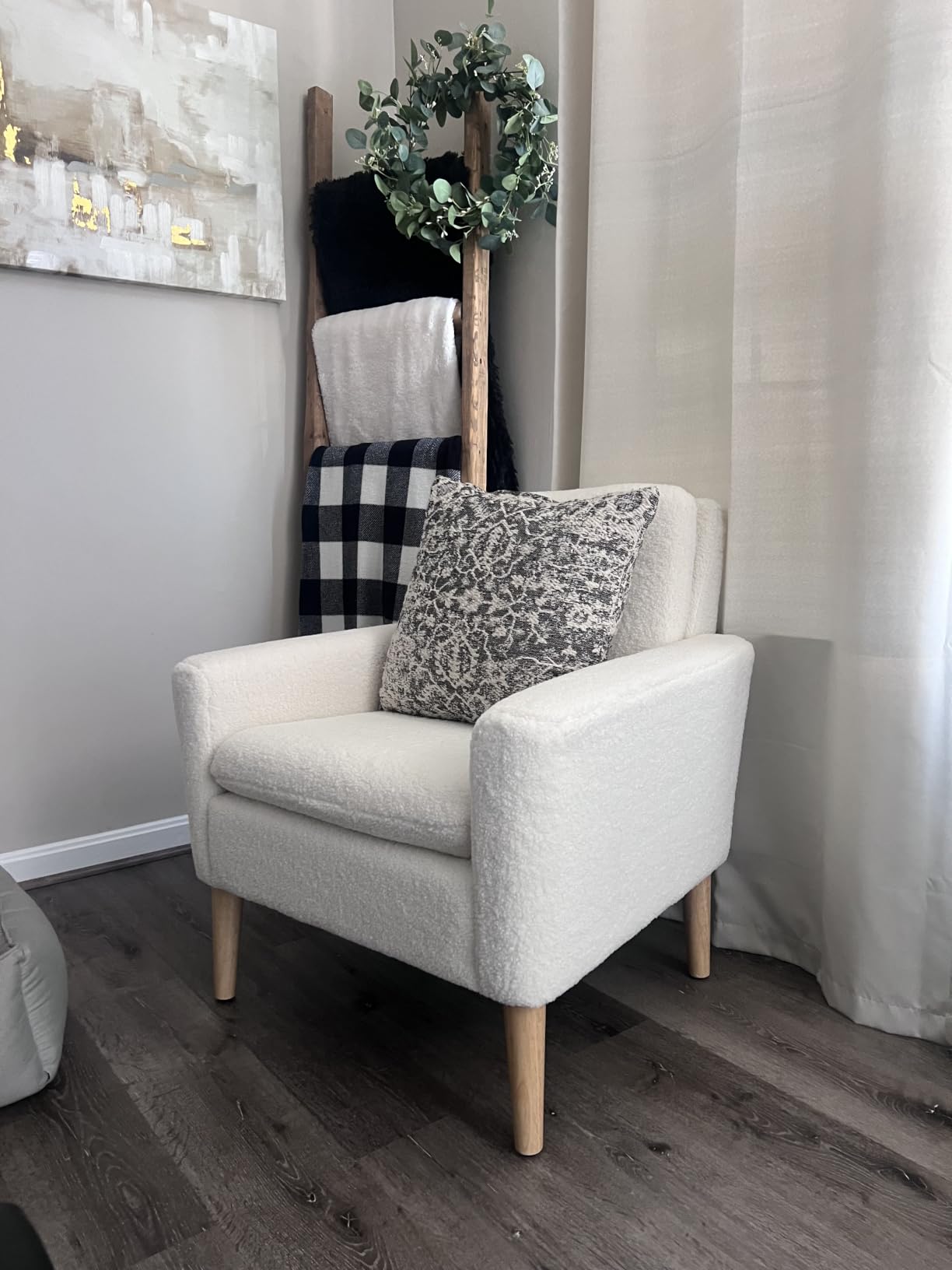 Sherpa Accent Chair, Modern White Teddy Fabric Upholstered Comfortable Armchair, Comfy Reading Leisure Chairs for Bedroom, Living Room, Home Office, Small Sofa Chair with Wood Legs customer photo 1