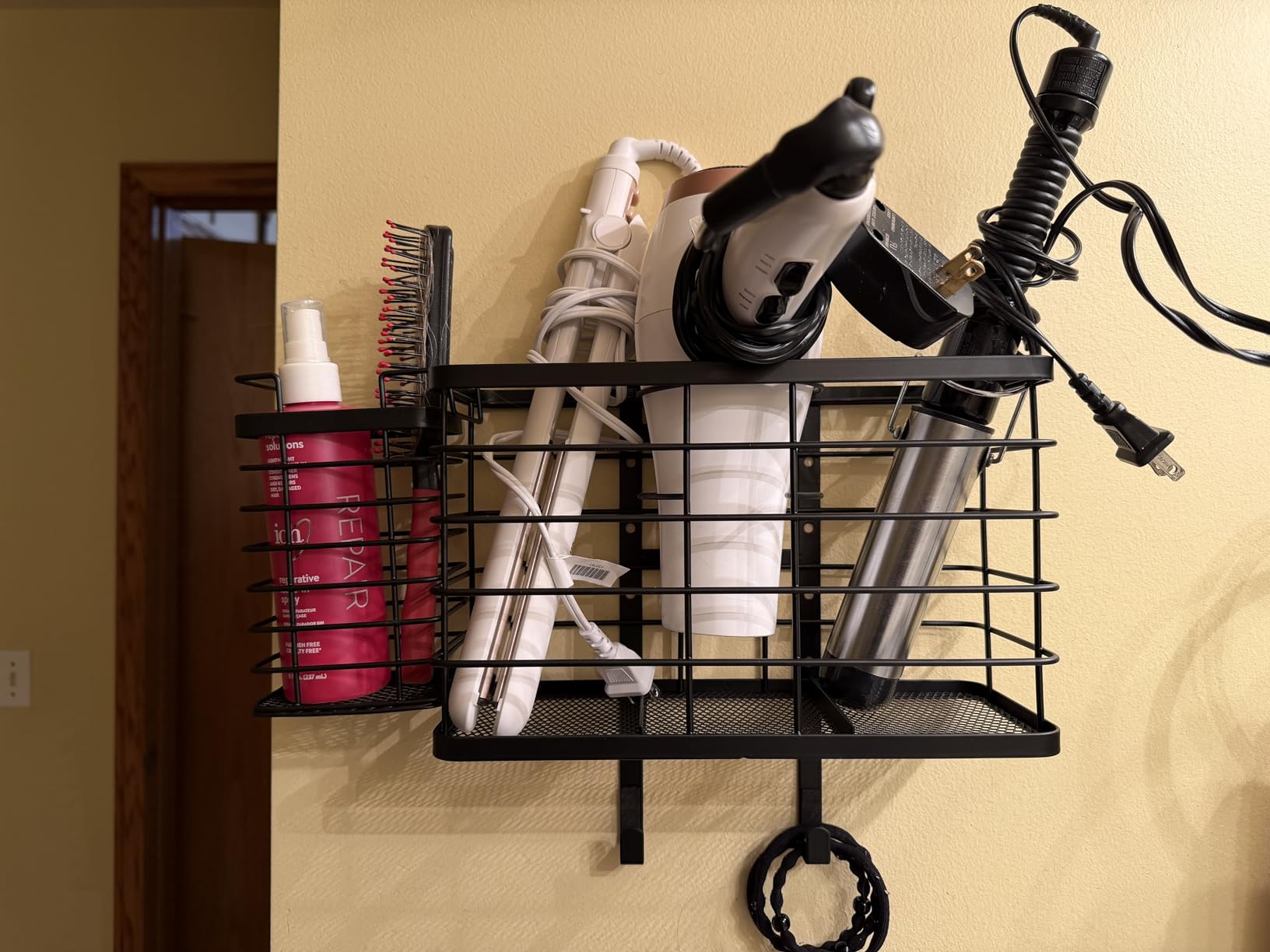 Hair Tool Organizer, Dryer Holder, 3 in 1 Blow Bathroom Organizer Wall Mounted/Cabinet Door for Flat Iron, Curling Straightener, Care & Styling Tools Storage Basket customer photo 1