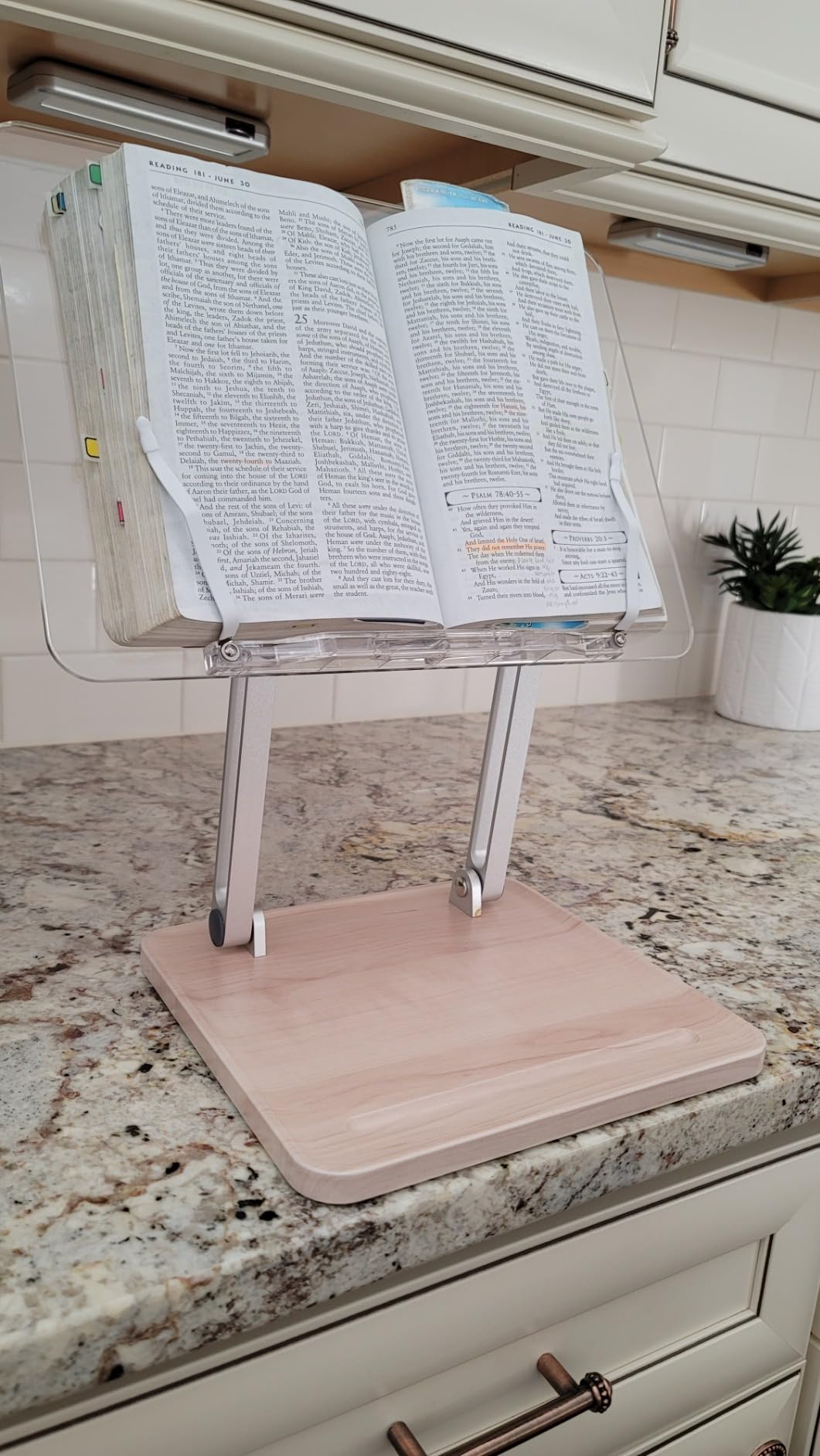 Acrylic Book Stand with Storage Base, Dual Aluminum Arm Reading Holder | Non-Slip Silicone Clips, Hands-Free Reading, Holds Pens & Notes, for Cookbook, Recipe & Textbook customer photo 1