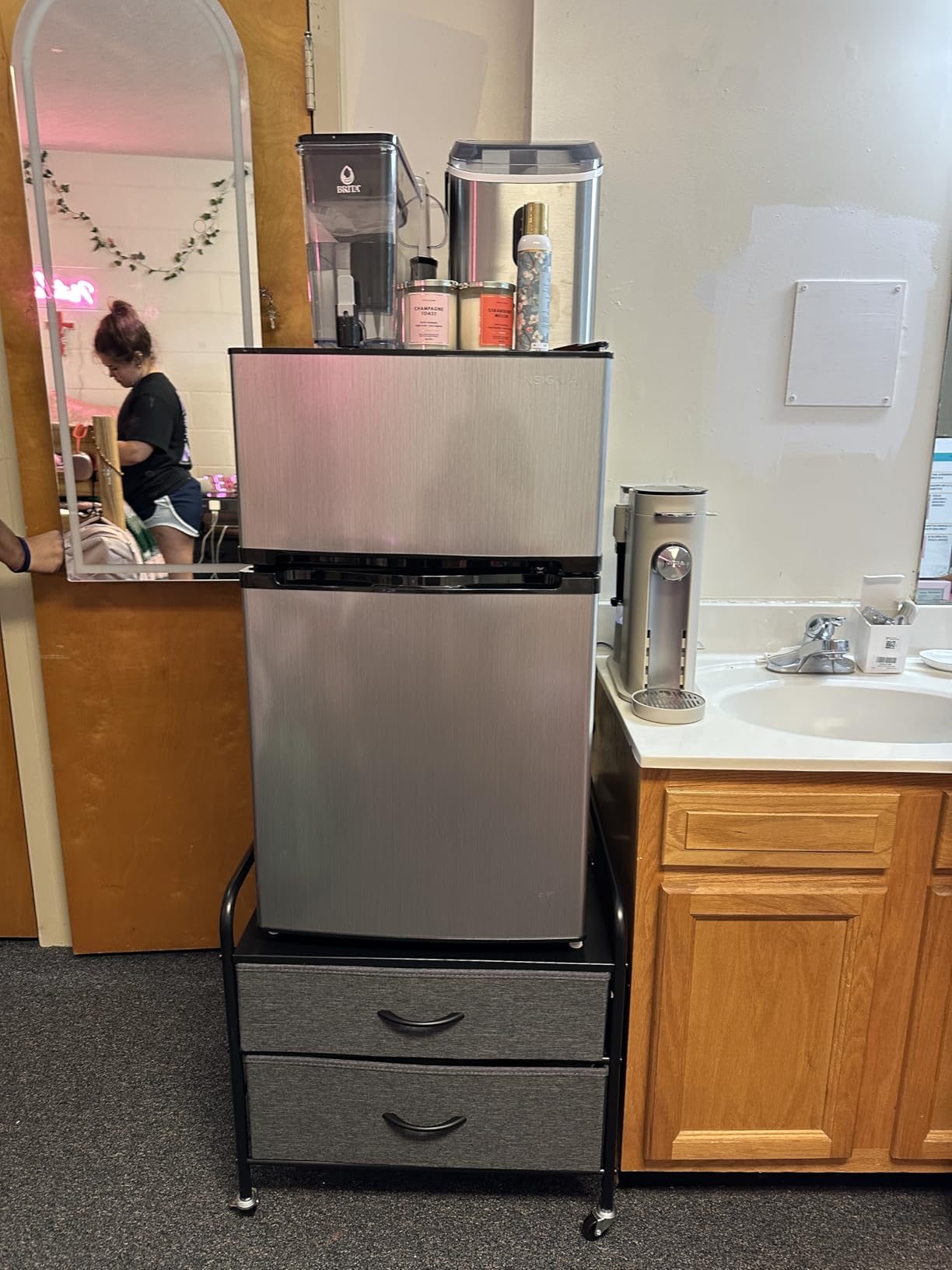 2 Drawer Dresser, 120LBS Fabric Storage Tower, 2 Drawer Storage Cart, Mini Fridge Stand with Storage, Metal Frame Iron Top, 4 Swivel Wheels for Home Kitchen, White customer photo 1