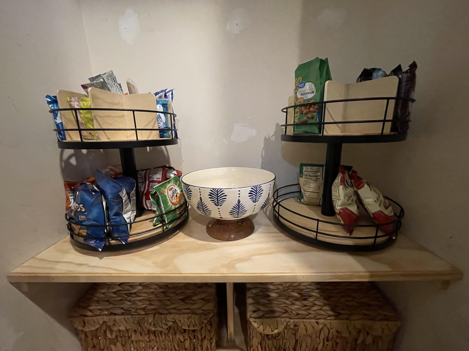 Snack Organizer - Versatile Snack Storage 2 Tier Lazy Susan with Convenient Grab-and-Go Design, Wood and Metal Snack Holder for Home, Office, Breakroom, 12.13