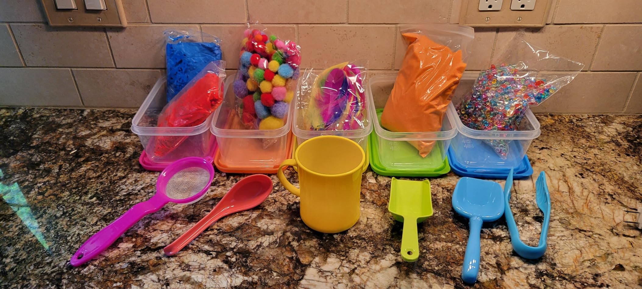 Sensory Kit for Toddlers and Kids - Includes 6 Bins with Lids, Play Tools, Sand, Feathers, Clay, Color Beads and Pom Poms Kids Box Fillers customer photo 2