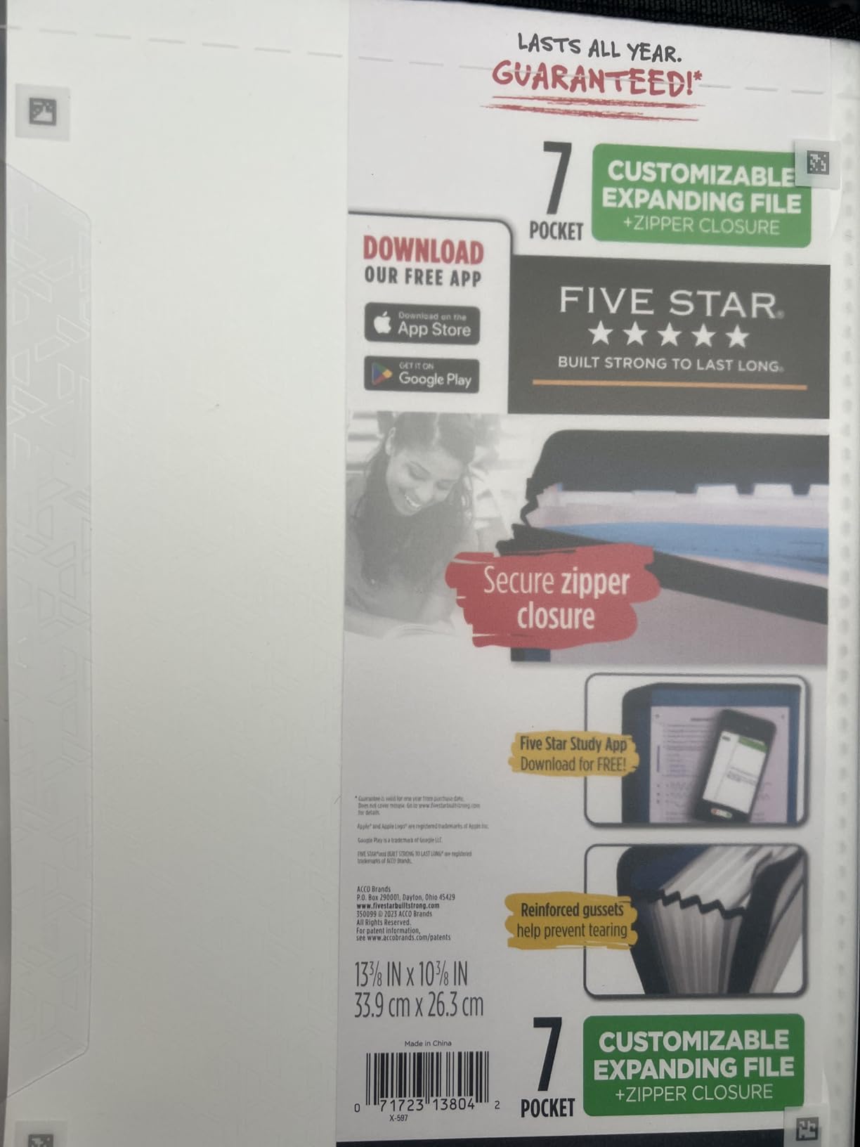 Five Star Expanding File Organizer + Study App, 7-Pocket Accordian File Organizer, Zipper Closure, Holds 8-1/2