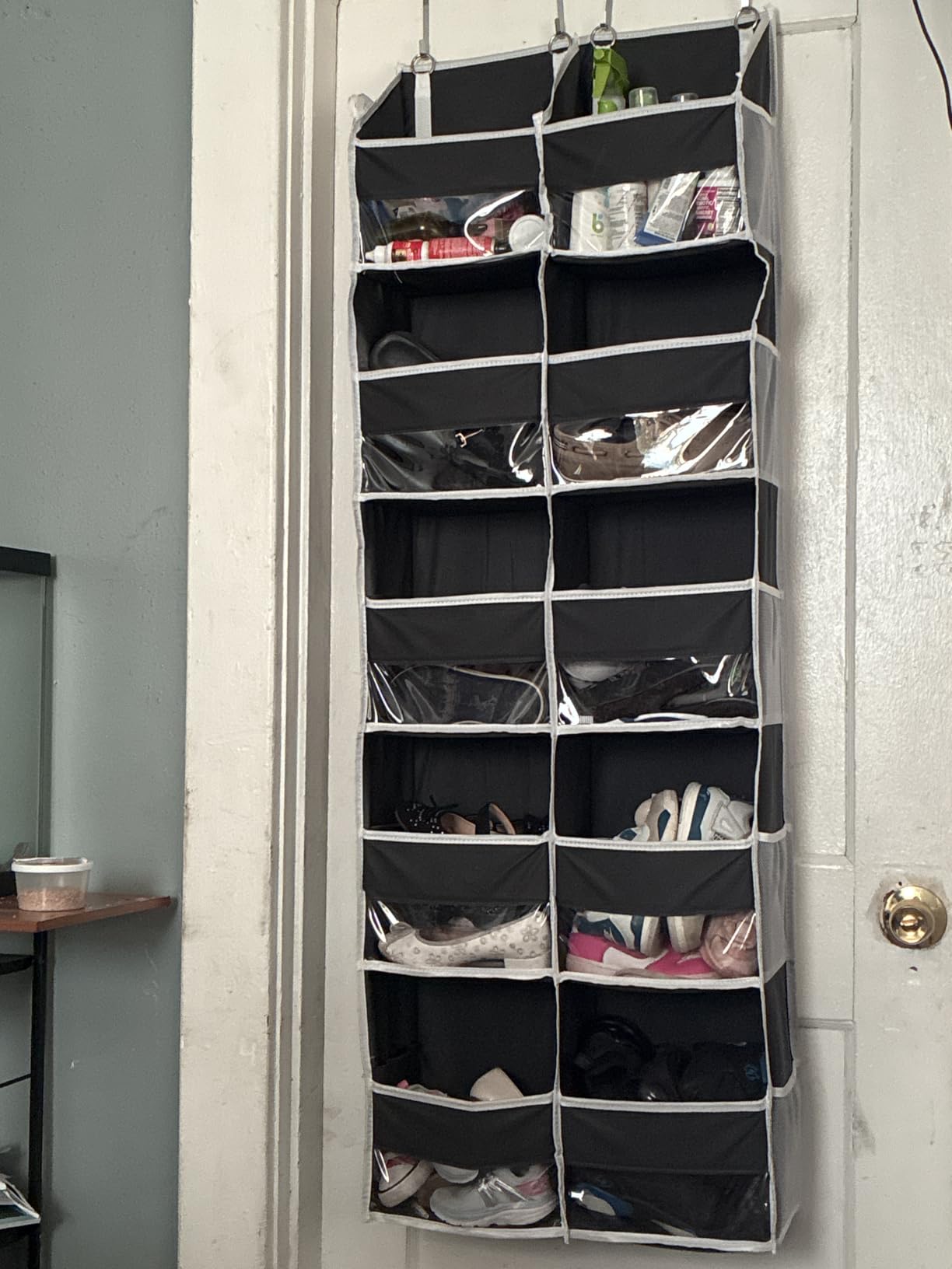 Heavy Duty Over The Door Organizer 5 Tiers, Extra Large Behind Door Storage of 10 Big Front & 10 Mesh Pockets, 80lb Weight Capacity, Hanging Doors Storage Organizer for Closet Bedroom Nursery, Grey customer photo 1