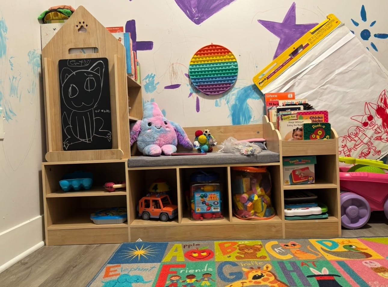 MU Kids Bookshelf with Reading Nook, Wooden Toy Storage Organizer with Chalkboard and Bench, Kids Reading Nook for Boys & Girls, Toddler Toy Shelf for Bedroom, Nursery, Playroom, Natural Oak customer photo 2