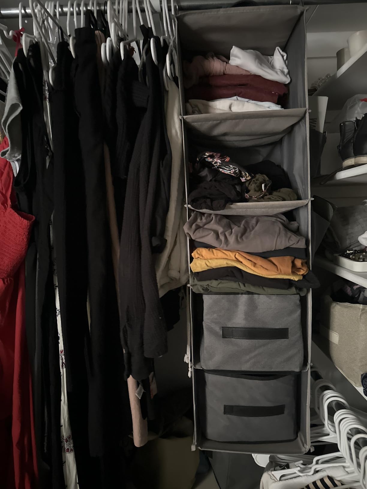 BOOMIBOO Hanging Closet Organize and Shelves, 5-Hanging Shelf with 2 Side Pockets, Storage Foldable (Grey) customer photo 1