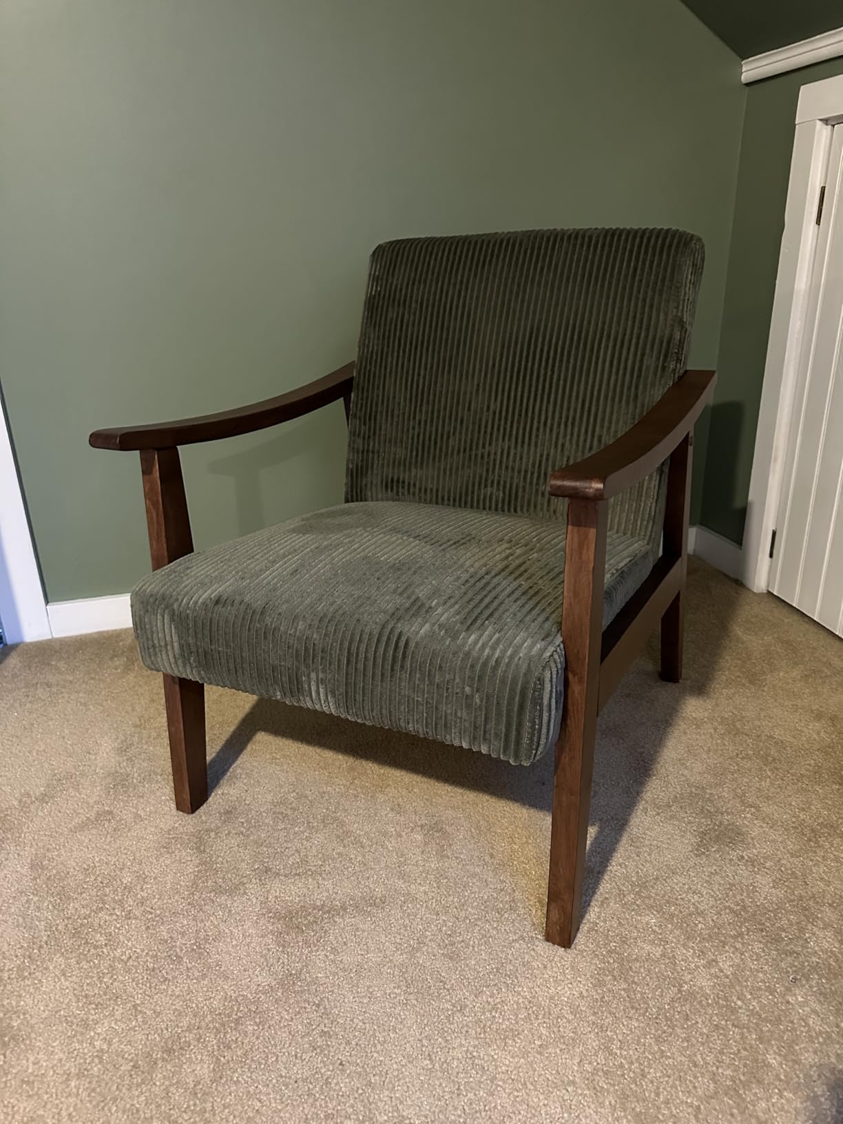 Yaheetech Corduroy Accent Chair, Mid-Century Modern Armchair with Solid Wood Legs, Reading Leisure Chair with High Back for Living Room Bedroom Waiting Room Dark Green customer photo 1