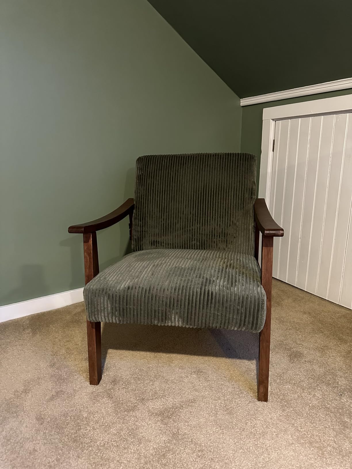 Yaheetech Corduroy Accent Chair, Mid-Century Modern Armchair with Solid Wood Legs, Reading Leisure Chair with High Back for Living Room Bedroom Waiting Room Dark Green customer photo 2