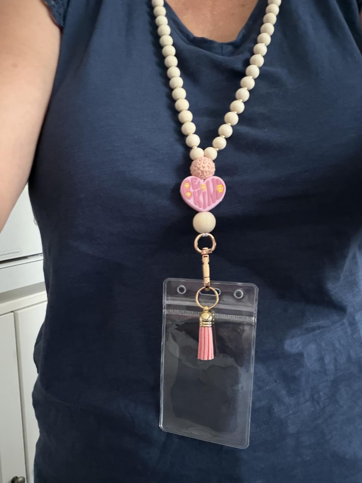 Teacher Gifts Lanyard with ID Holder, Wooden Boho Tassel Lanyard - Natural Wood And Silicone Beads, Breakaway Design customer photo 1