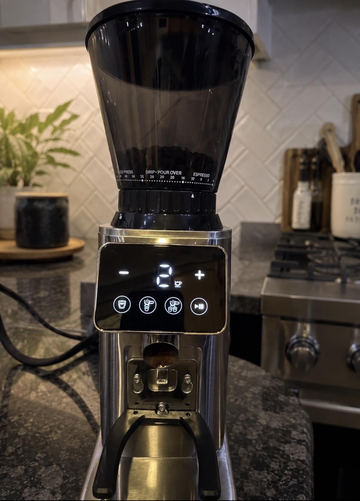 AMZCHEF Conical Burr Coffee Grinder, 48 Grind Settings, Anti-Static Burr Mill with Precision Timer & LED Touchscreen, for Espresso, Drip, Pour Over, Cold Brew & French Press, Stainless Steel, Silver customer photo 1