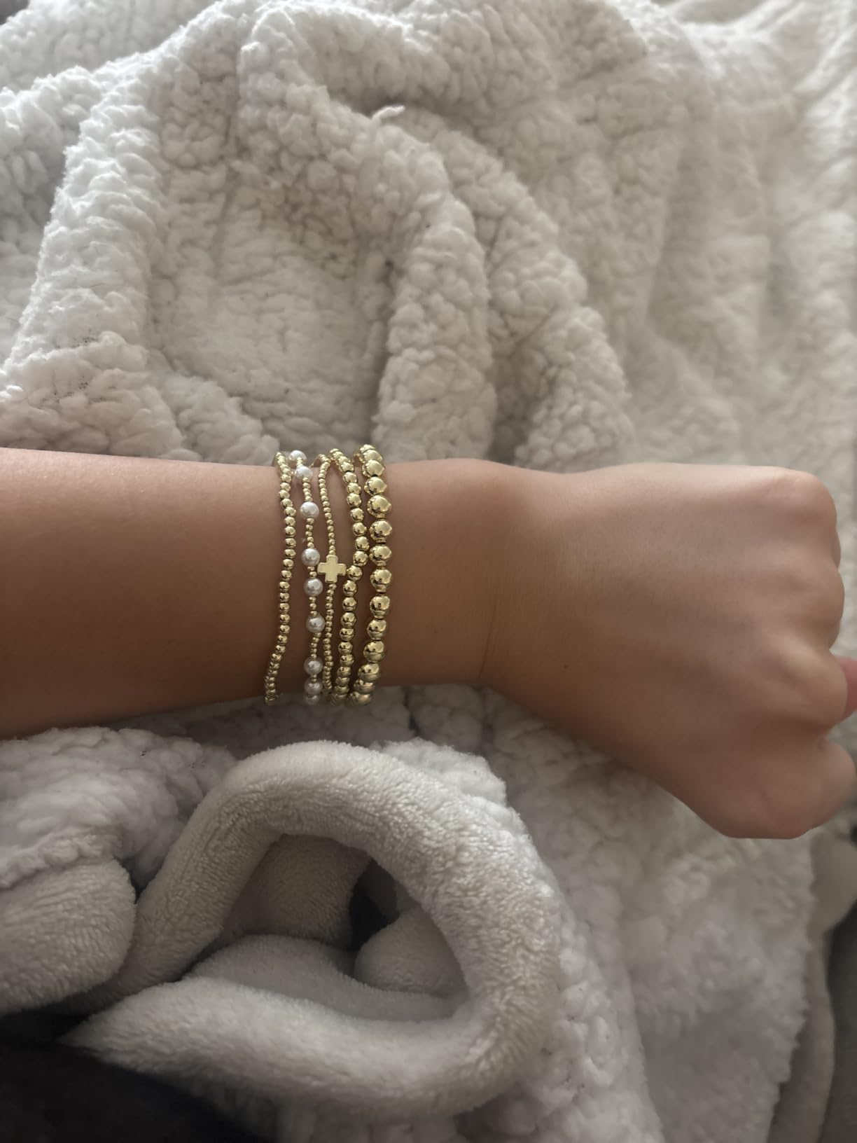 Yoosteel Gold Beaded Bracelets for Women Teen Girls, Gold Plated Jewelry | Gold Stackable Stretch Bracelets, Dainty Round Beaded Pearl Cross Bracelet Stack, Women Teenage Girls Birthday Gifts Jewelry customer photo 1