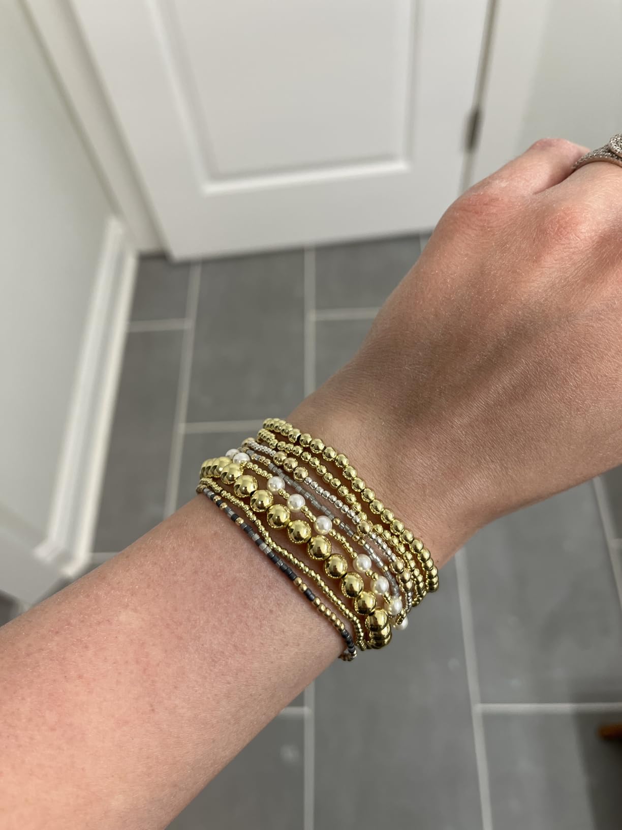 Yoosteel Gold Beaded Bracelets for Women Teen Girls, Gold Plated Jewelry | Gold Stackable Stretch Bracelets, Dainty Round Beaded Pearl Cross Bracelet Stack, Women Teenage Girls Birthday Gifts Jewelry customer photo 2