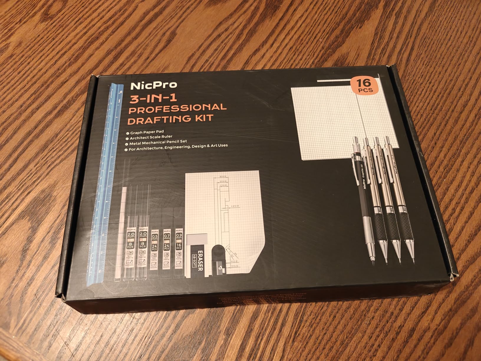 Nicpro 16PCS Drafting Tool Geometry Set with 12'' Architectural Scale Ruler | Complete Geometry Drawing Kit, Mechanical Pencils 0.5, 0.7, 0.9 & 2mm, Lead Refills, Graph Paper, for Engineers Students customer photo 2
