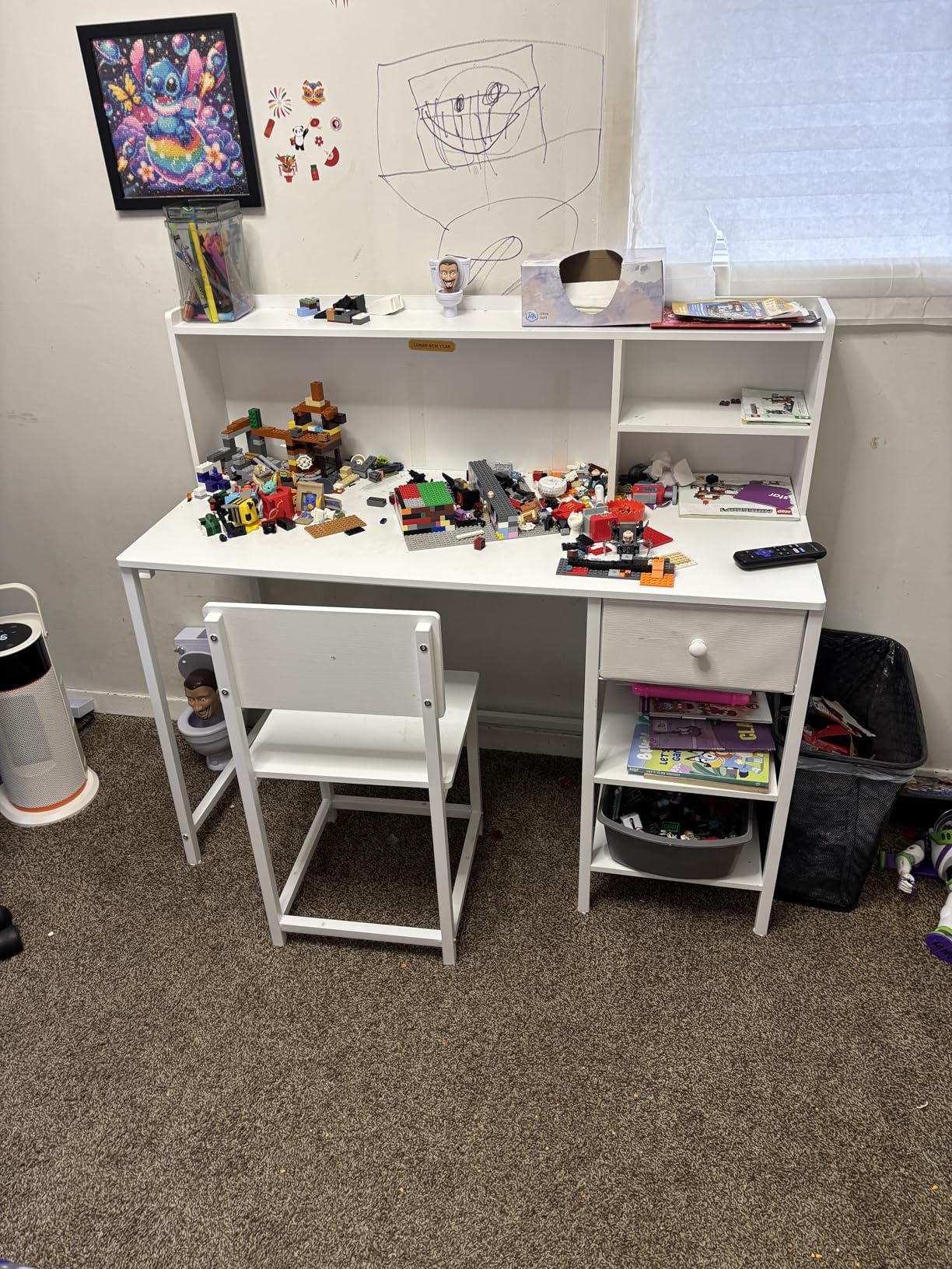 BOLUO White Kids Desk and Chair Set for 6-12 Year Old, Children Study Desk with Hutch and Storage Shelf, Student Writing Table with Fabric Drawer for Girls Boys customer photo 1