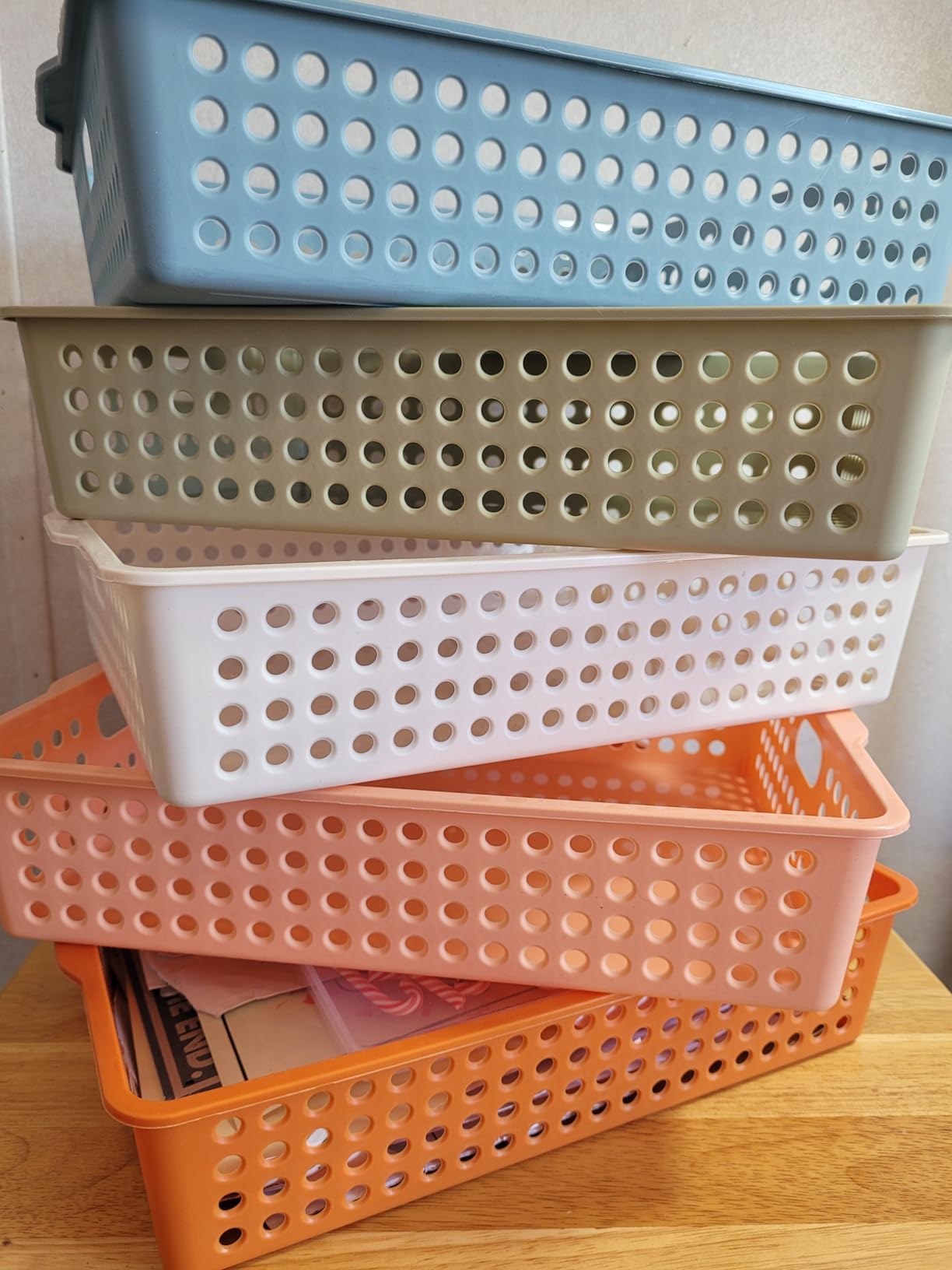QRRICA 6 Pack Plastic Classroom Storage Baskets, Paper Trays for Classroom Organization & Turn in Trays for Teachers, Students, Desk Organizer Bin 13.8x10.6x3.1 Inch (Rainbow) customer photo 1