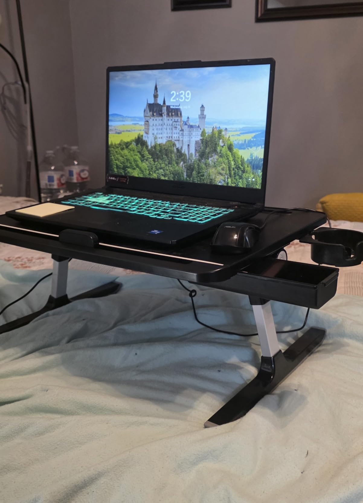 SONGMICS Bed Laptop Desk, Foldable Bed Desk for Laptop, 15.7 x 22 Inches Large Desktop, 120 Degree Stepless Tilt, Adjustable Height, Cup Holder, Tray, Portable Bed Sofa Table, Ink Black ULLD113BC01 customer photo 1