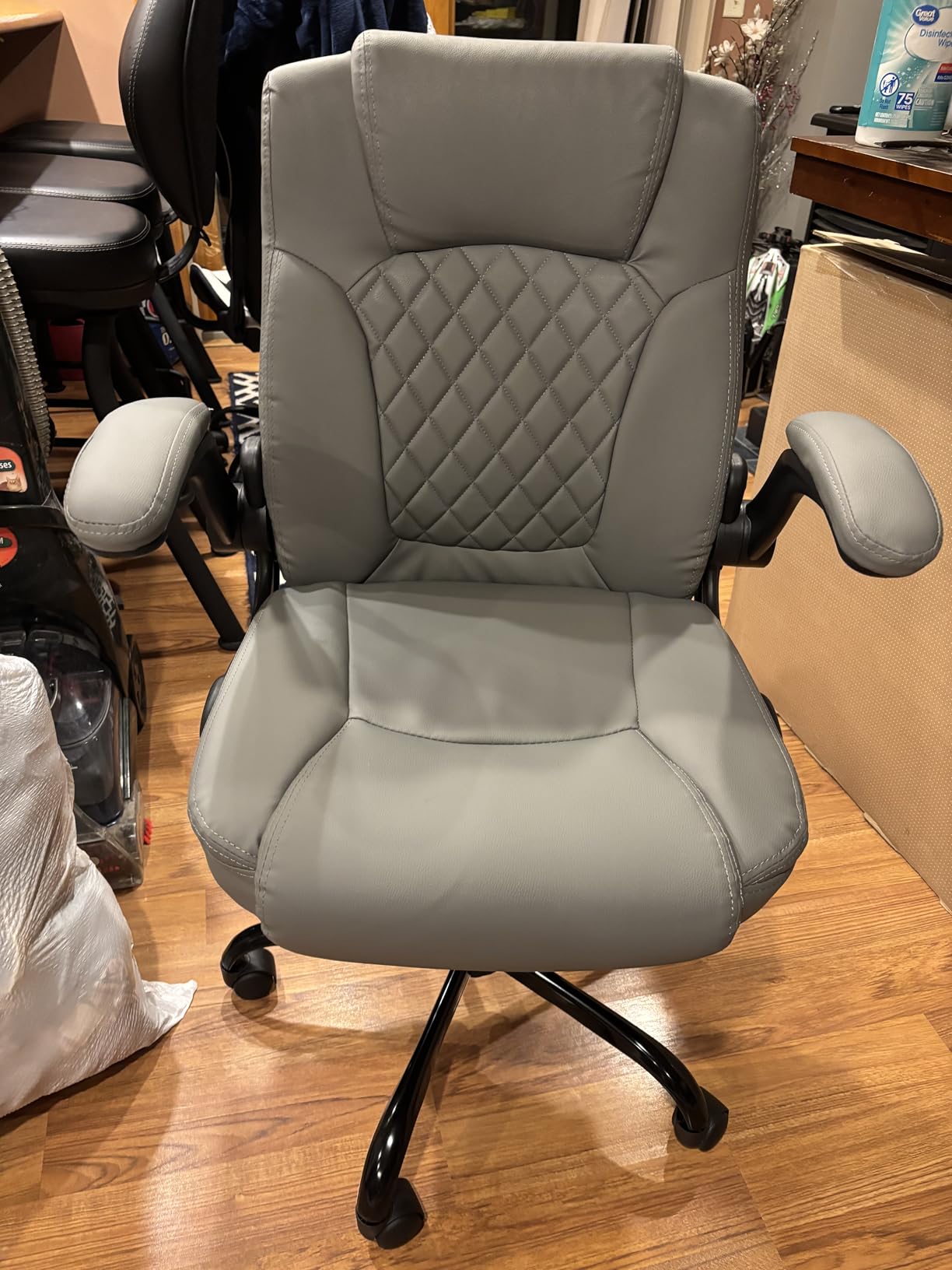Leather Office Chair, Upgraded PU Computer Desk Chairs with Double-Layer Seat Cushion and Neckrest, 360° Swivel, Ergonomic Small Gaming Chair with Wheels and Adjustable Armrests for Short People, Grey customer photo 1
