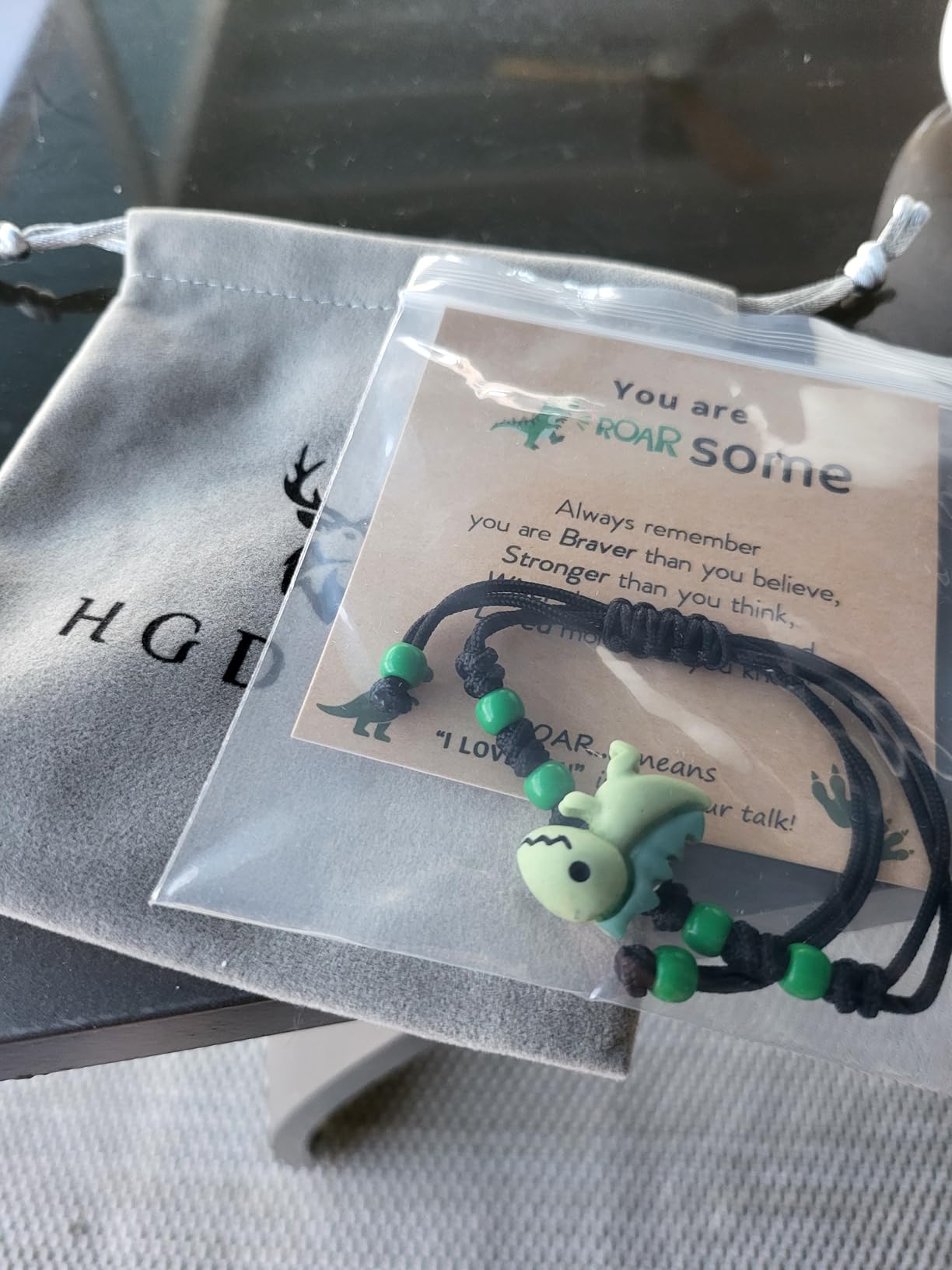 HGDEER You're a Dino-Mite Kid, Dinosaur Bracelet School Gifts for Boys | Resin Dino Charm on Nylon Cord customer photo 2