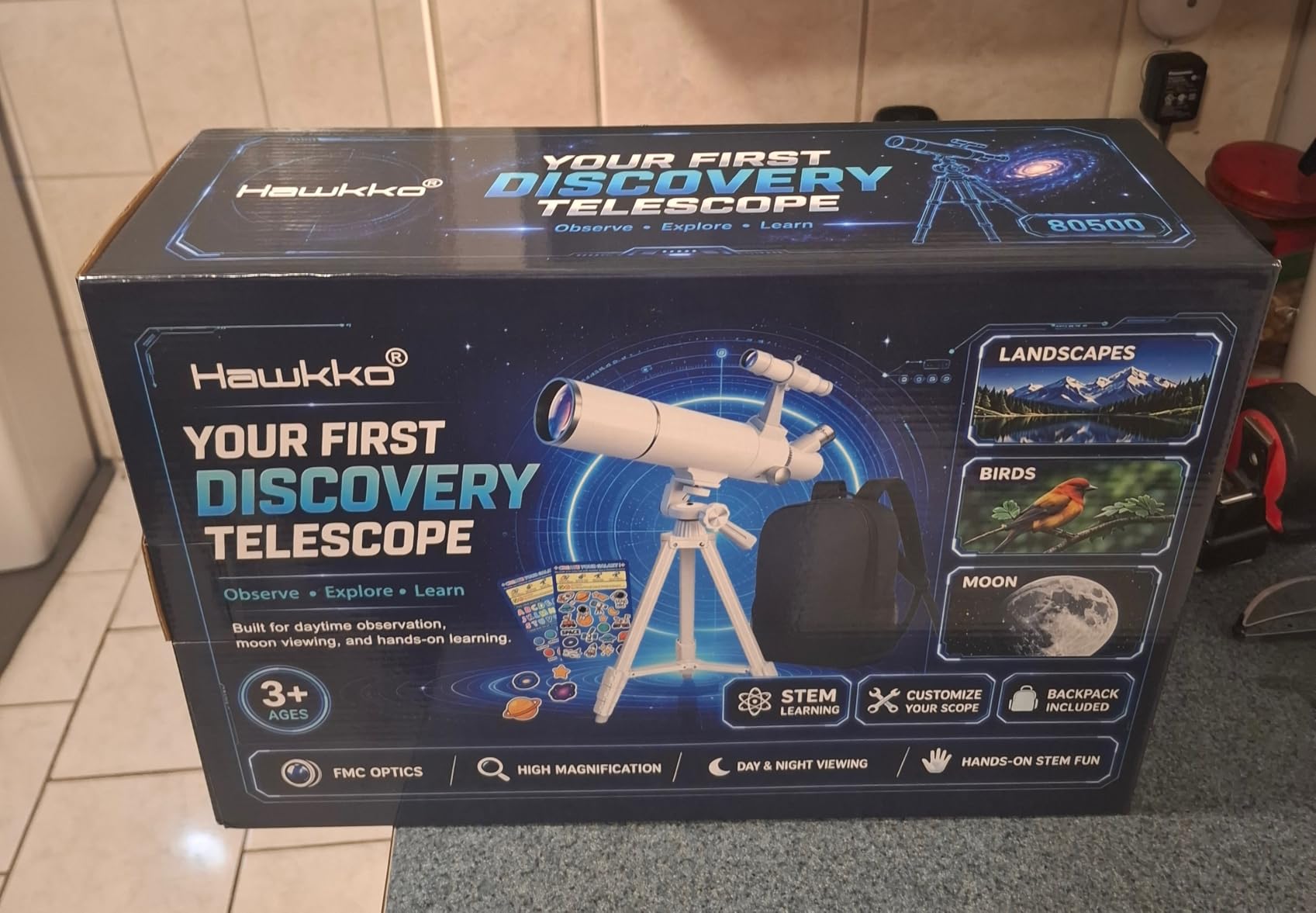 Hawkko Telescope Kit for Kids 8-12, 80mm Aperture 500mm Portable Telescope | Beginner Astronomy Telescope for moon observation with Backpack, 7-themed Decorate Stickers, Moon Booklet and Phone Adapter customer photo 1