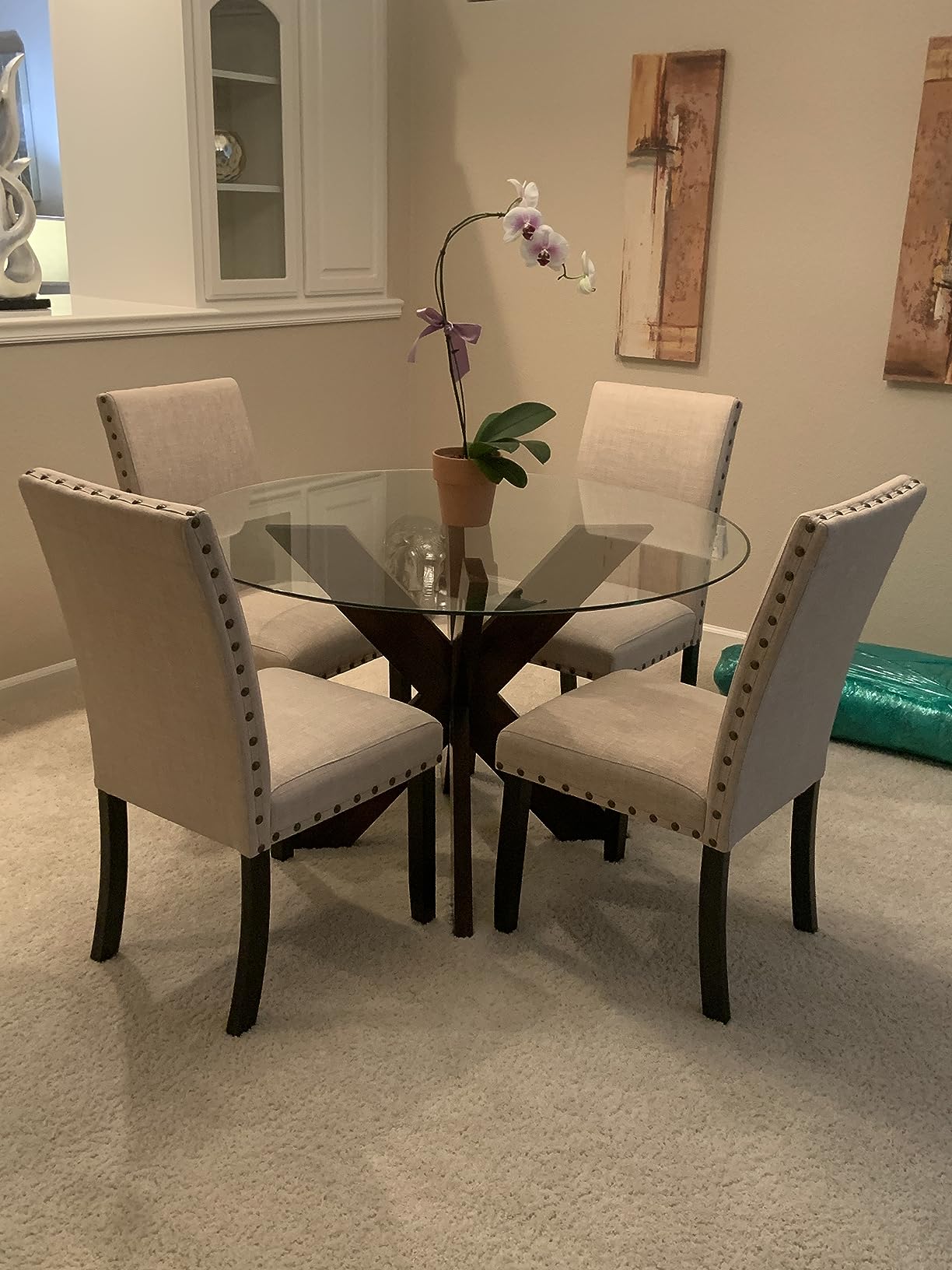 Roundhill Furniture Biony Fabric Dining Chairs with Nailhead Trim, Set of 2, Tan customer photo 2