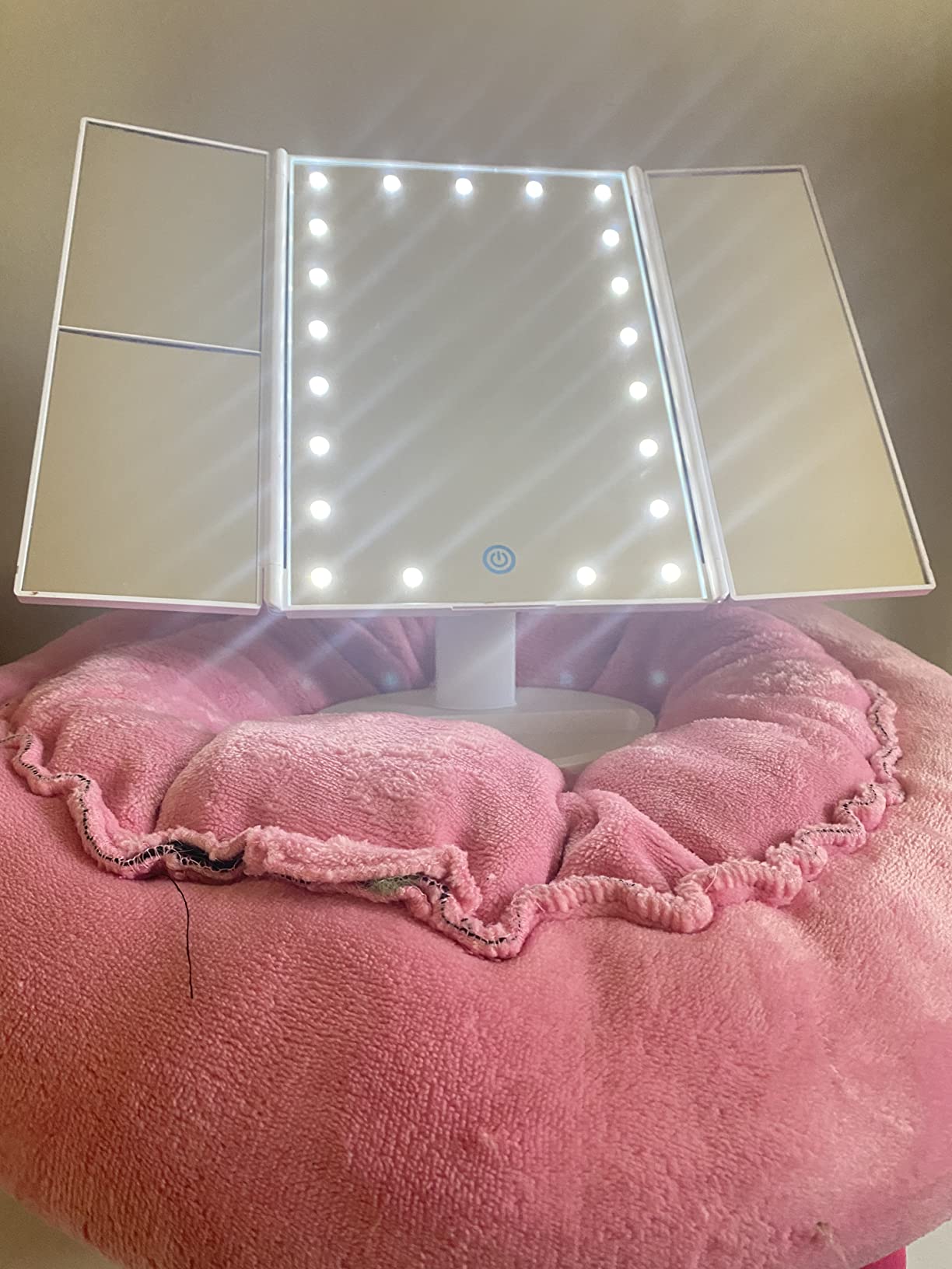 FASCINATE Trifold Vanity Mirror with Lights, Make up Mirror with Lighting | Lighted Makeup Mirror 2X/3X Magnification, 21 LED Touch Dimming, Dual Power 180° Rotation Lit Beauty Table Mirror customer photo 1