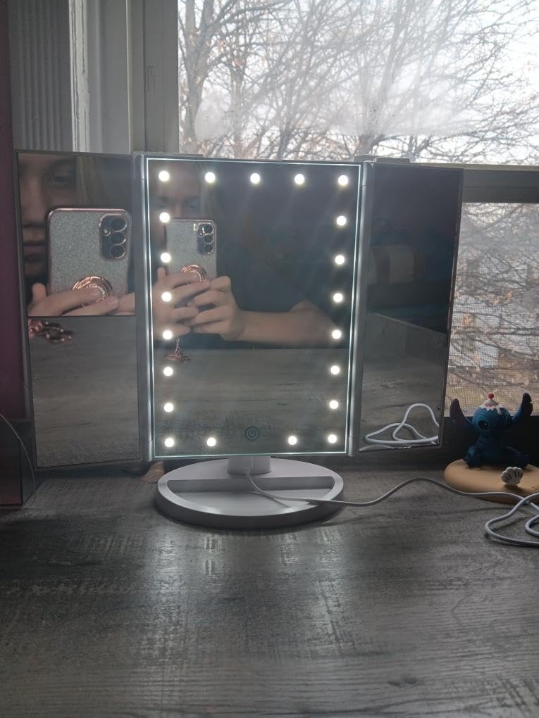FASCINATE Trifold Vanity Mirror with Lights, Make up Mirror with Lighting | Lighted Makeup Mirror 2X/3X Magnification, 21 LED Touch Dimming, Dual Power 180° Rotation Lit Beauty Table Mirror customer photo 2
